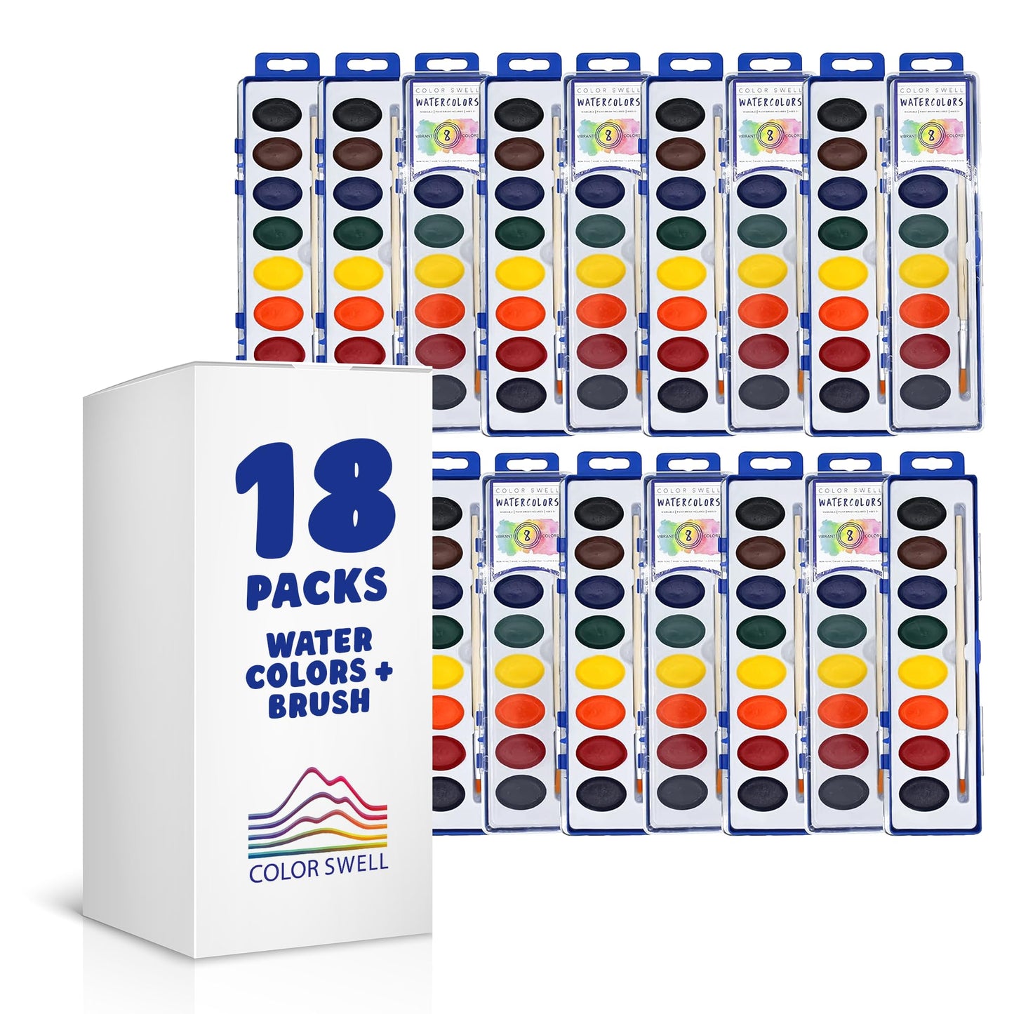 Color Swell Washable Bulk Watercolors, 18 pack, 8 Colors, Wood Brush, Classroom Bulk Pack - Bulk Watercolors