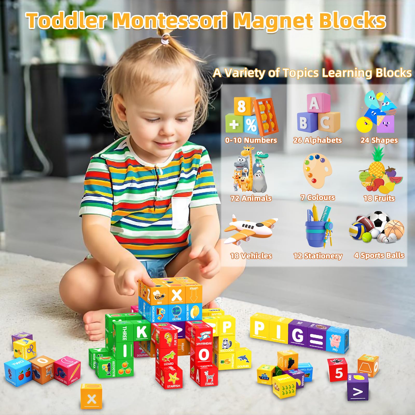 Magnetic Blocks for Toddlers 1-3, 1.4 inch Large Building Blocks Number ABC Learning Toys for 1 2 3 4 5+ Year Old Boys Girls Educational Montessori