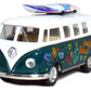 KiNSMART 1962 Volkswagen Classic Bus 1:32 Scale 5" Die Cast Metal Model Toy Van Pullback Acation (4 Set Surfboard Flower Power)