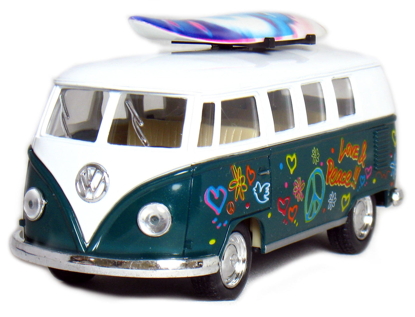 KiNSMART 1962 Volkswagen Classic Bus 1:32 Scale 5" Die Cast Metal Model Toy Van Pullback Acation (4 Set Surfboard Flower Power)