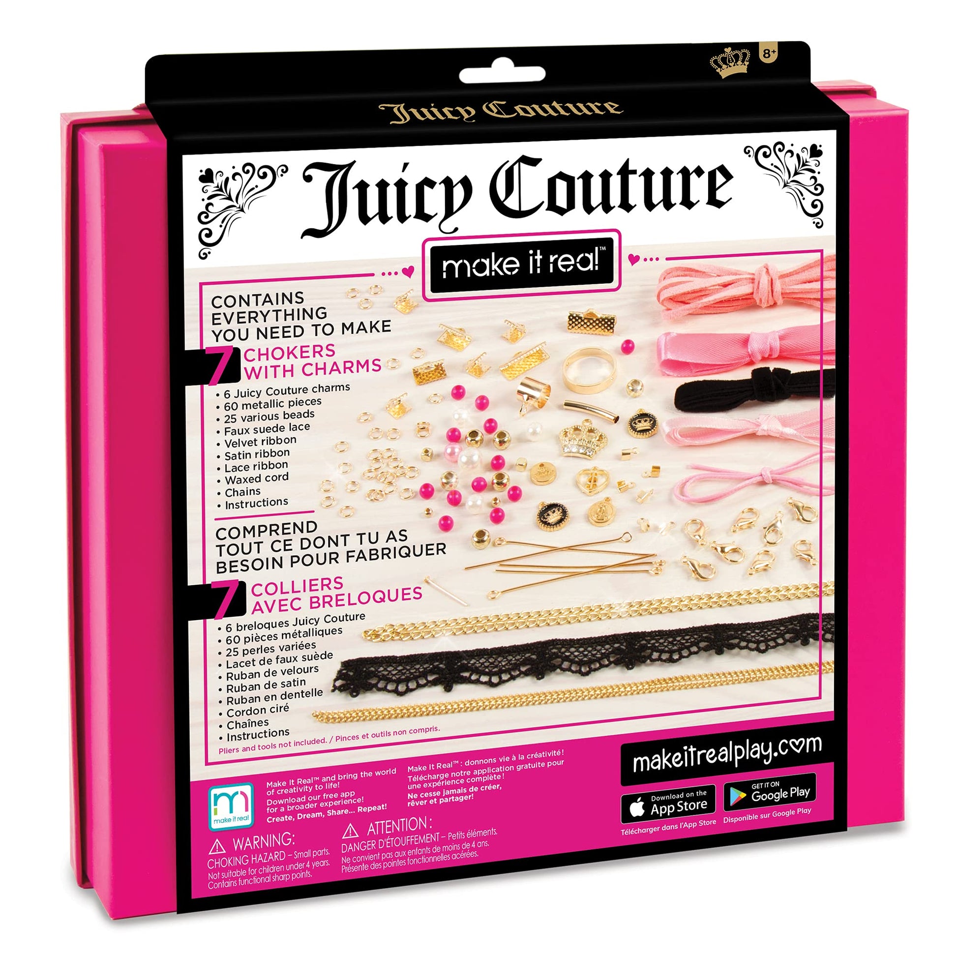 Make It Real Juicy Couture: Chokers & Charms Kit - Create 7 Unique Necklaces, 102 Pieces, 7 Trendy Chokers, 6 Juicy Charms, Tweens & Girls, Elastic