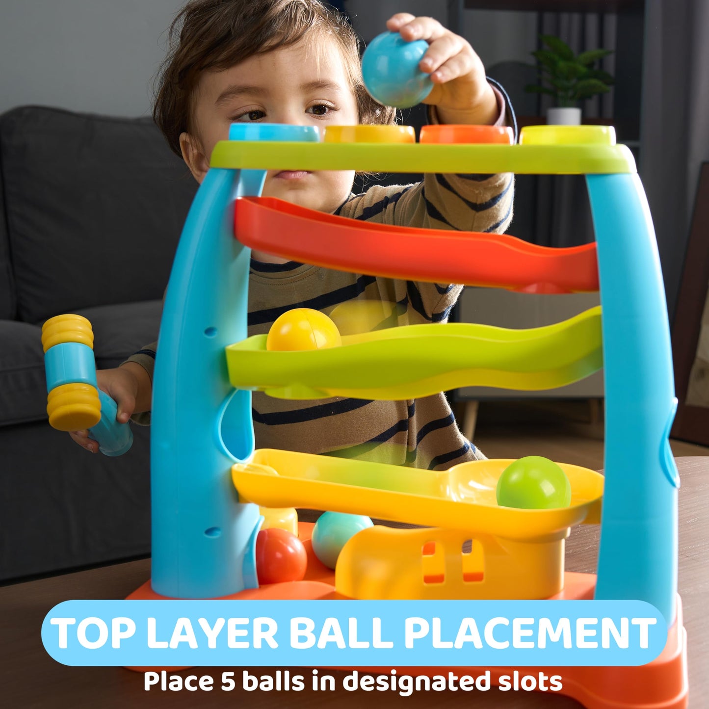 lalalark Ball Drop Toy for Toddlers, Track Stacking Learning Pound a Ball with Hammer, Early Developmental Montessori Toy, Birthday Gift for Boys