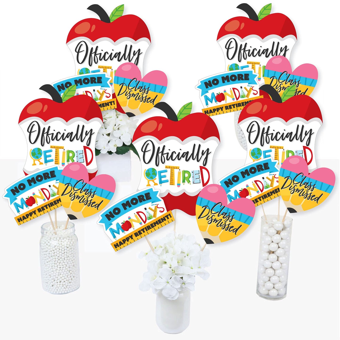 Big Dot of Happiness Teacher Retirement Party Centerpiece Decorations - 15-Piece Table Topper Set with Apple, Heart, No More Mondays Designs