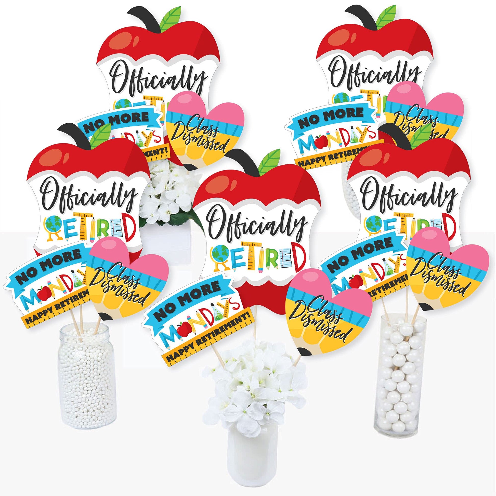 Big Dot of Happiness Teacher Retirement Party Centerpiece Decorations - 15-Piece Table Topper Set with Apple, Heart, No More Mondays Designs