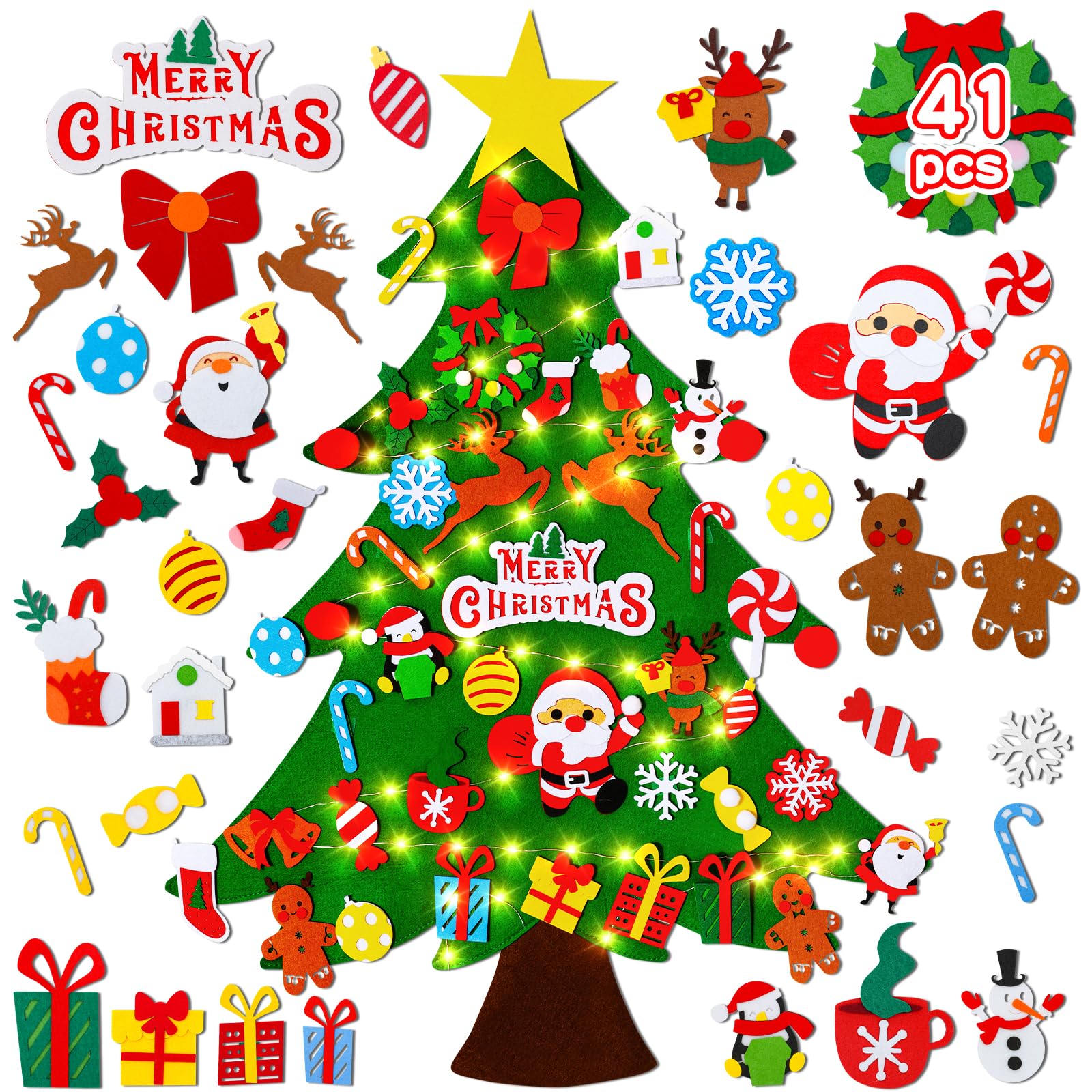 Max Fun DIY Felt Christmas Tree Set 3.2Ft with 41 Ornaments for Kids Toddlers Home Wall Hanging Felt Christmas Craft Kits Xmas Decoration Party