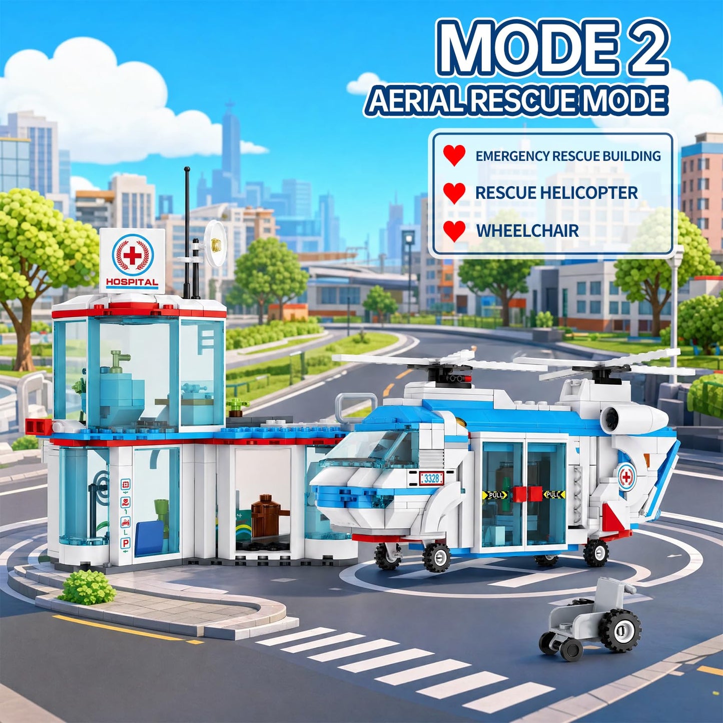 JYLWSMHU City Hospital 3 in 1 Building Block Set Hospitals Model Belt Ambulance Rescue Helicopter Home Office Decor Collectors Adults for Teenas Best