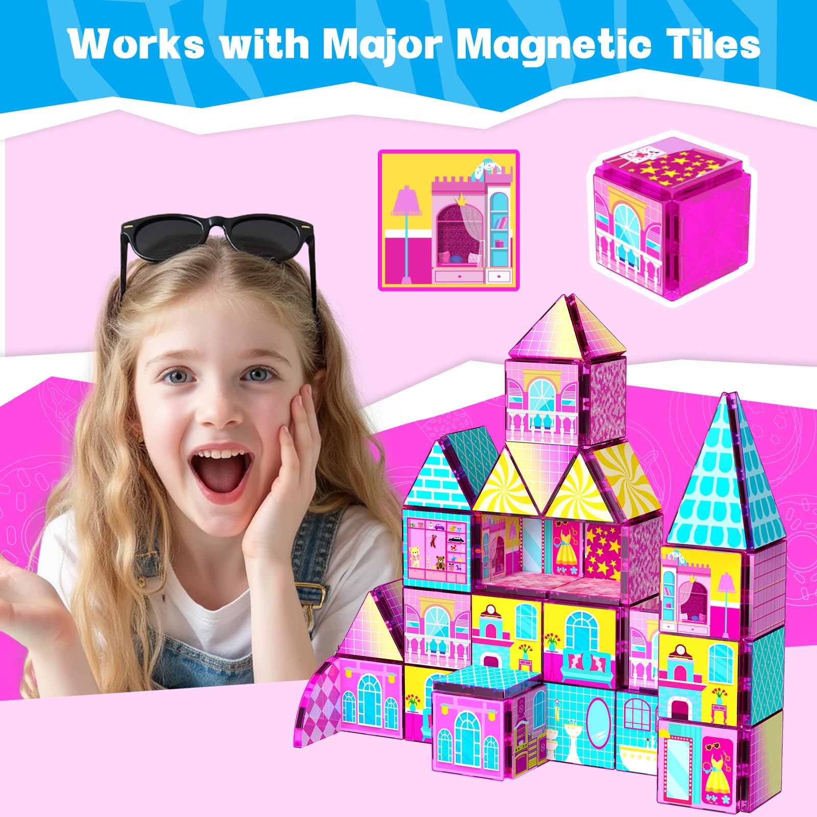 Magnetic Tiles 52PCS Magnetic Building Blocks for Kids Ages 3-5 4-8, STEM Montessori Preschool Classroom Must Haves, Toddler Sensory Educational Toys