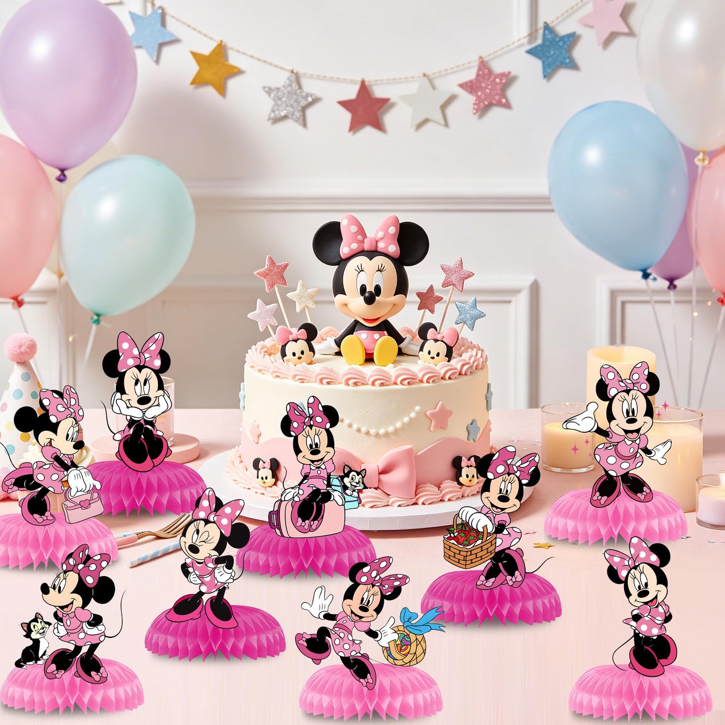 9Pcs Minnie Honeycomb Centerpieces, Cartoon Movie Theme Birthday Party Supplies, Double-Sided 3D Table Decorations & Favors for Kids
