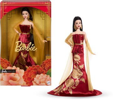 Barbie Signature Lunar New Year Fashion Doll Wearing Red Dress with Golden Peony Print, Collectible Holiday Toy