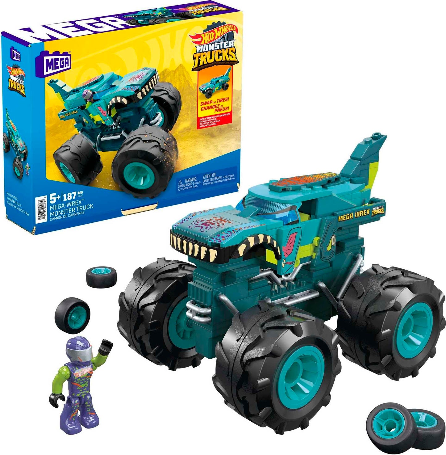 MEGA Construx Hot Wheels Monster Trucks Toy Car Building Set, MEGA-Wrex with 187 Pieces, 1 Micro Action Figure Driver, Red, Kids Age 5+ Years
