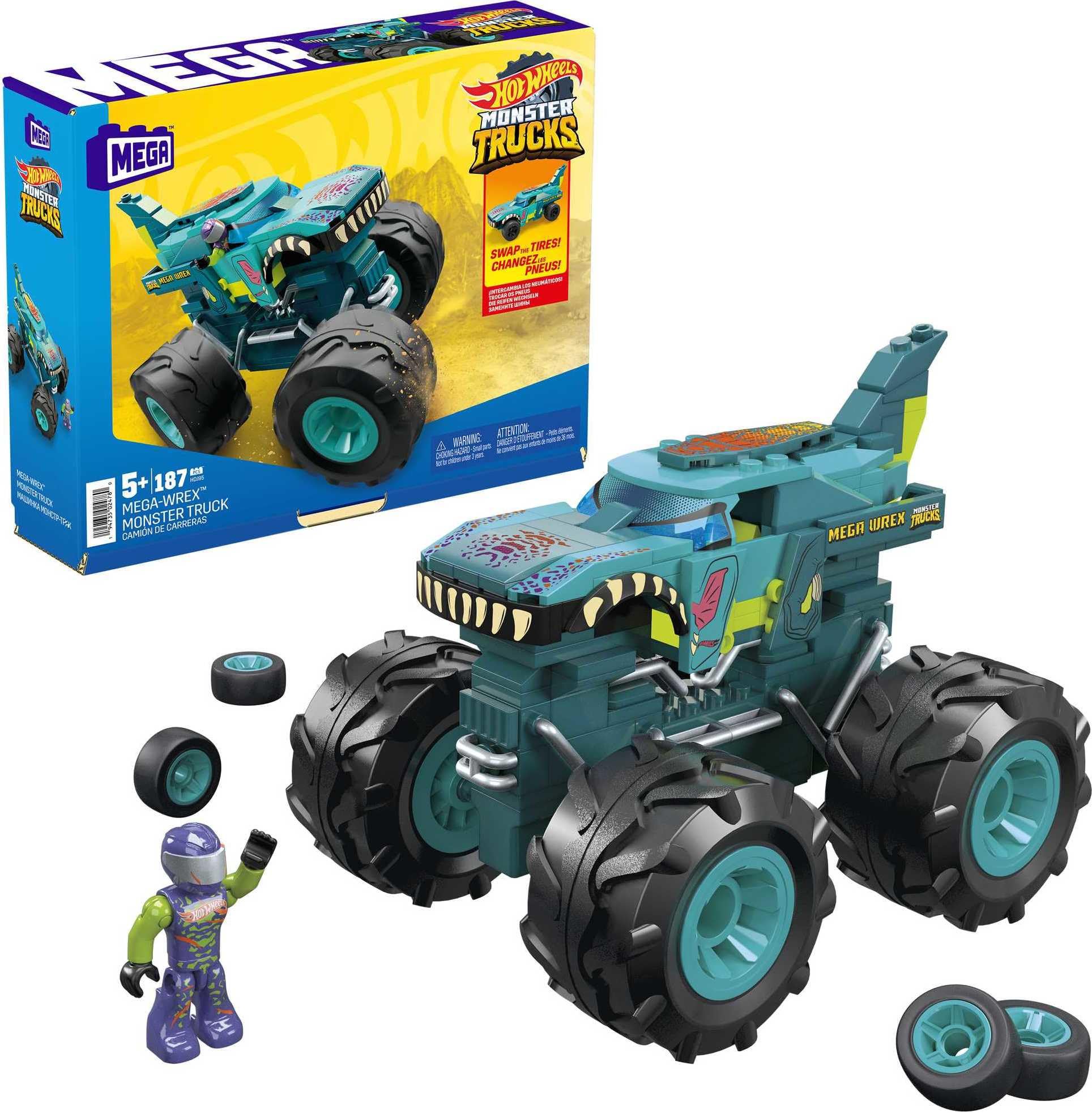 MEGA Construx Hot Wheels Monster Trucks Toy Car Building Set, MEGA-Wrex with 187 Pieces, 1 Micro Action Figure Driver, Red, Kids Age 5+ Years