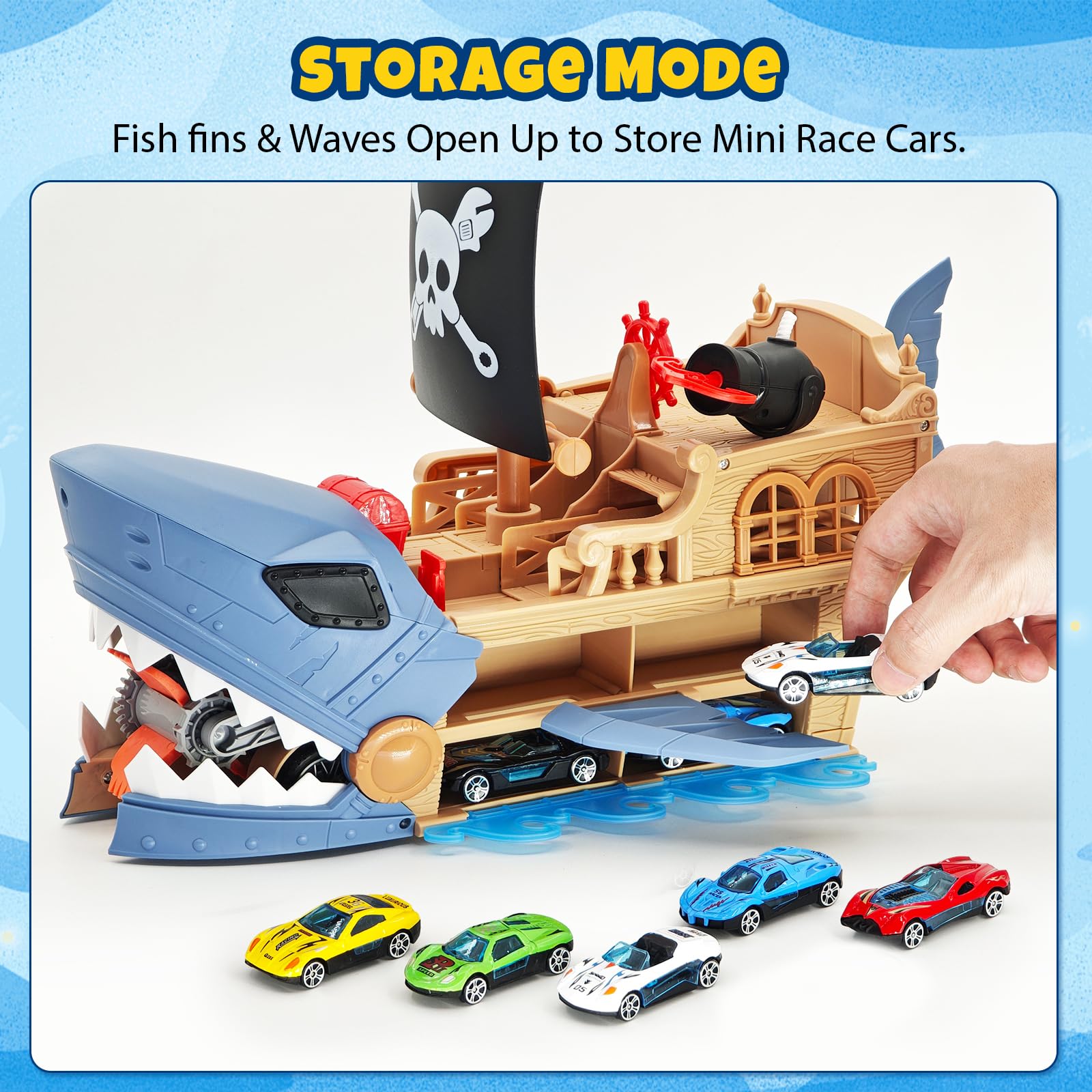 DUKVSG Shark Pirate Ship Toy Car Playset with Biting Jaws, 8 Race Cars, Launching Anchor and Turret, Great Play Shark Corsair & Race Cars, Birthday