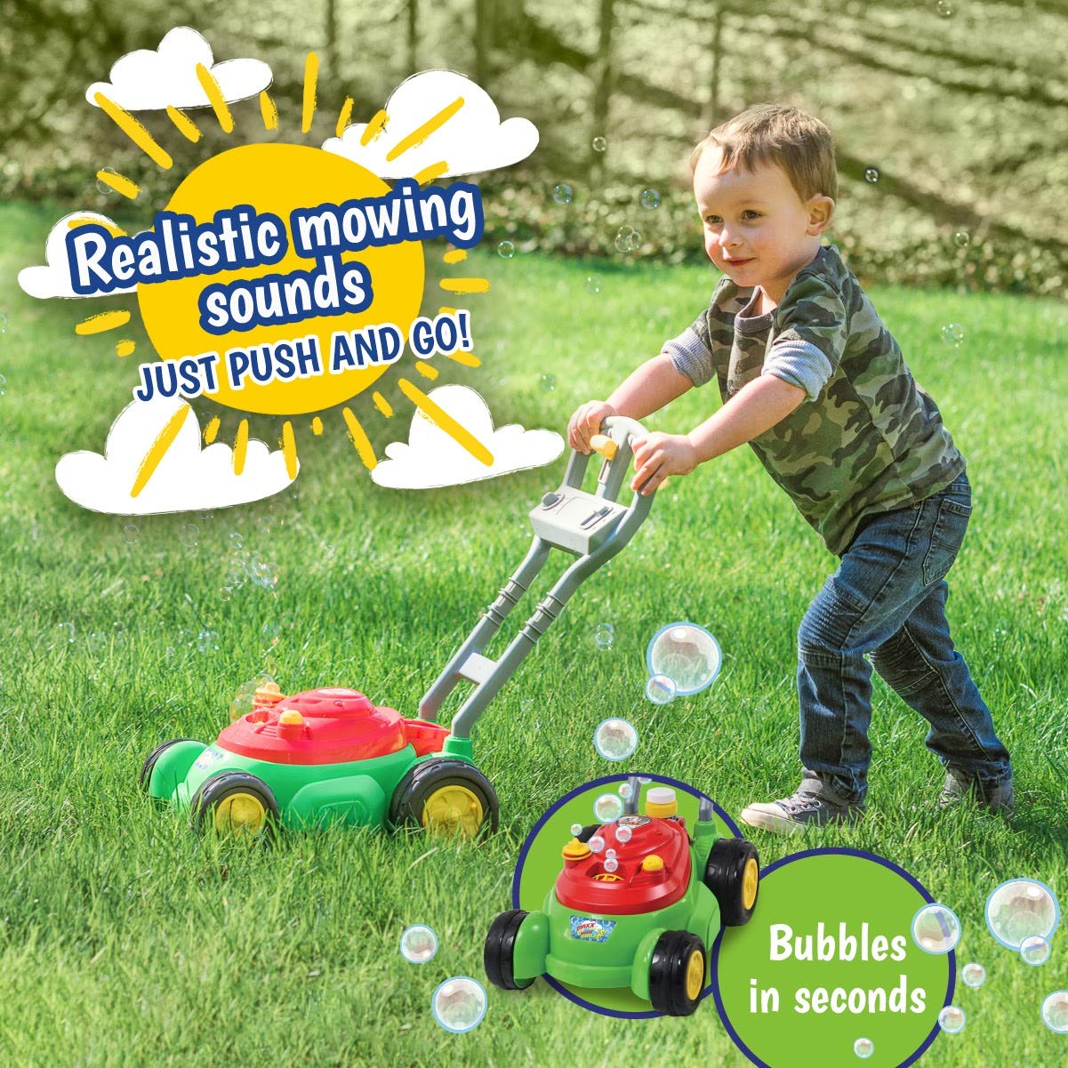 Maxx Bubbles Bubble-N-Go Mower - Bubble Lawn Mower, 4oz Solution - Ages 2-4