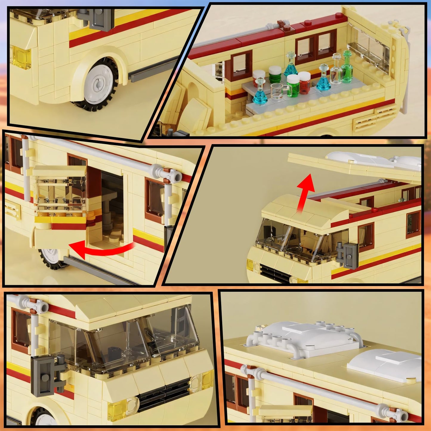 GHQYTPR Classic Desert Camper RV Building Block Set 426 Pcs Motorhome Car Model Kit with Chemistry Lab Interior for Adults & Teens Home Desk Decor