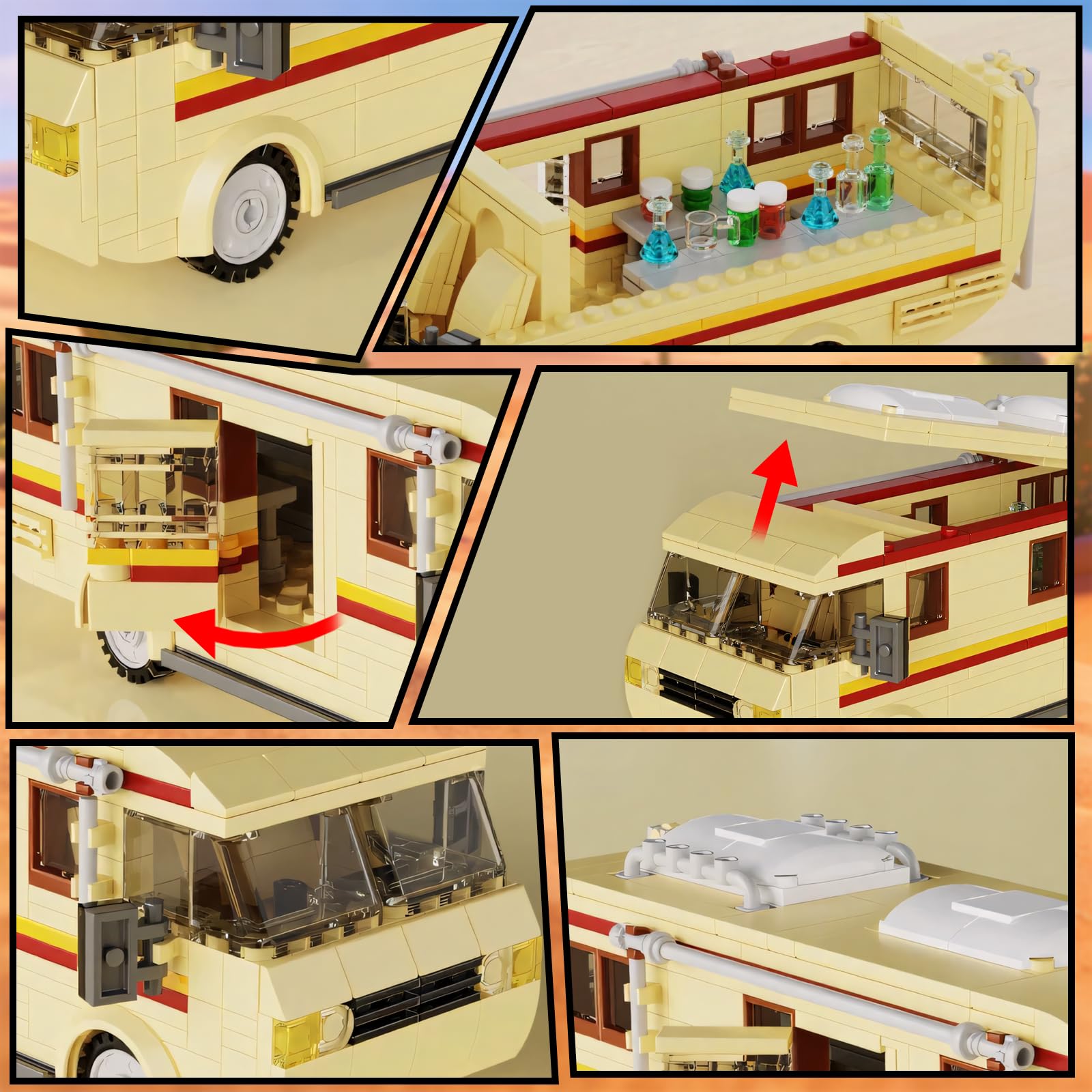 GHQYTPR Classic Desert Camper RV Building Block Set 426 Pcs Motorhome Car Model Kit with Chemistry Lab Interior for Adults & Teens Home Desk Decor