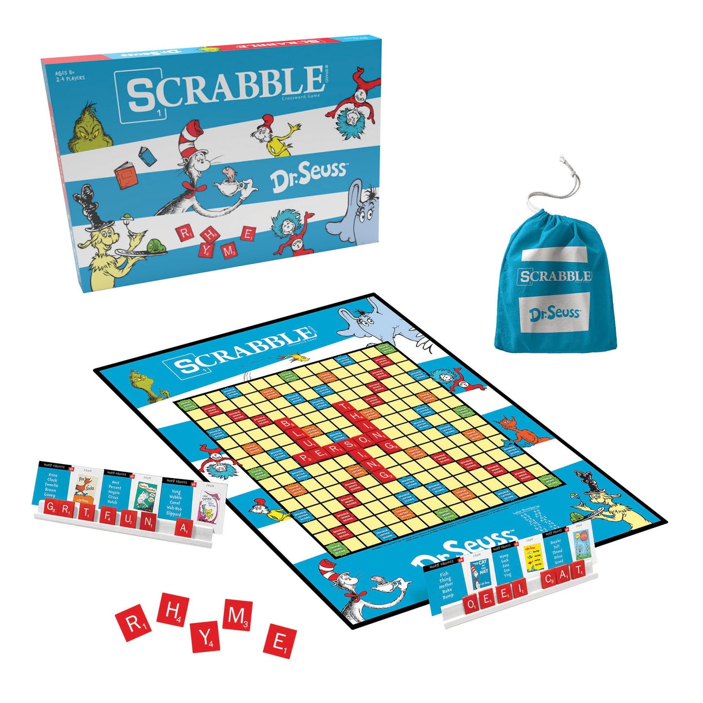 Scrabble Dr. Seuss Board Game | Official Scrabble Game with a Rhyming Twist | Custom Dr. Seuss Cards and Themed Scrabble Board | Bonus Points | Play