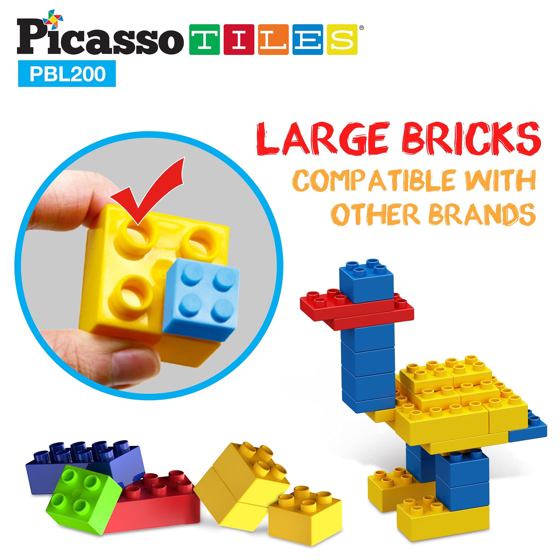 PicassoTiles 200 Piece Large Construction Brick Building Blocks STEM Bricks Toy Set Creative Learning Early Education Playset 5 Colors 4 Unique Shapes