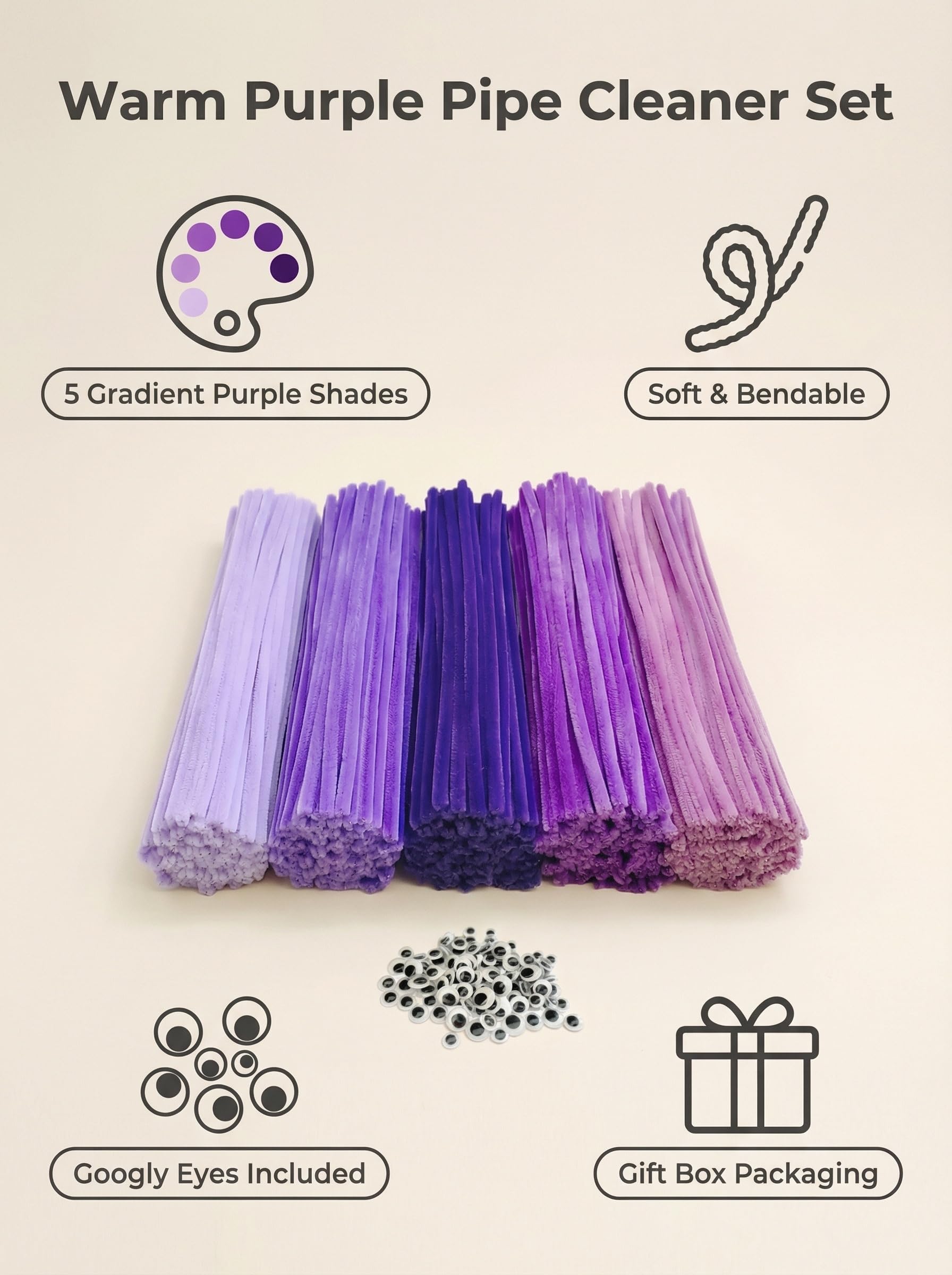 YYUENG TAK 300 pcs Purple Pipe Cleaners Bulk(5 Different Tone Purple) - Fluffy Craft Pipe Cleaners for Arts & Crafts, Ideal for Making Flowers