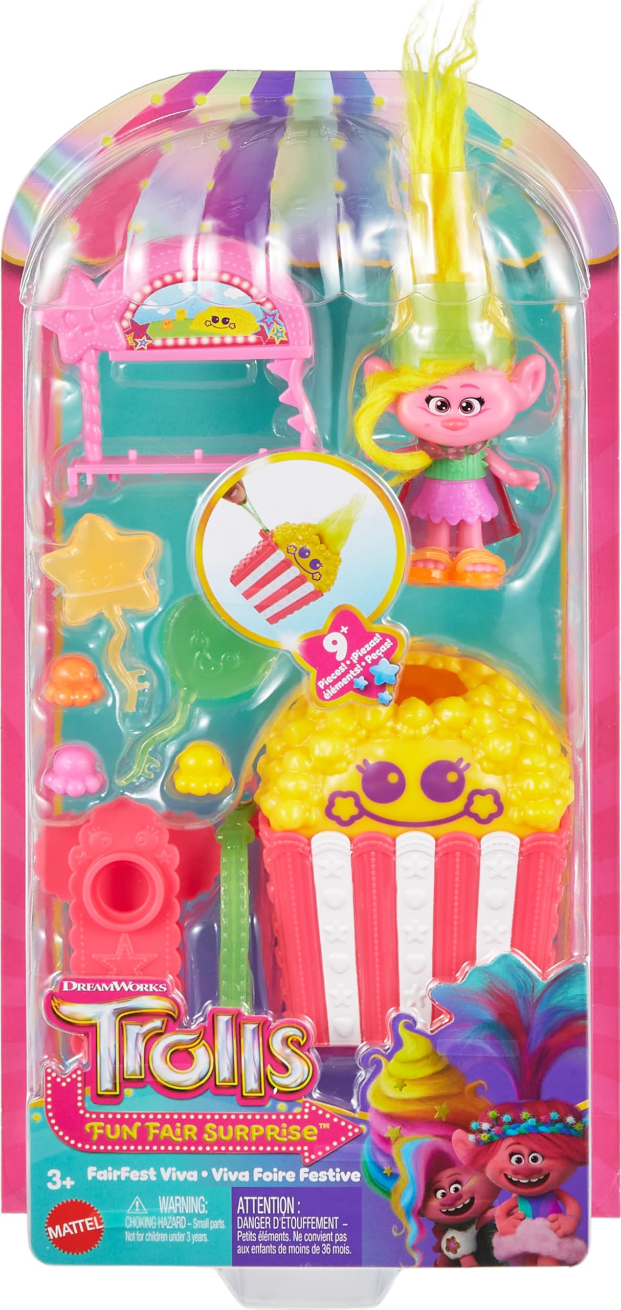 Mattel DreamWorks Trolls Fun Fair Surprise FairFest Small Doll & 10 Accessories, Carnival Food Popcorn Theme with Viva