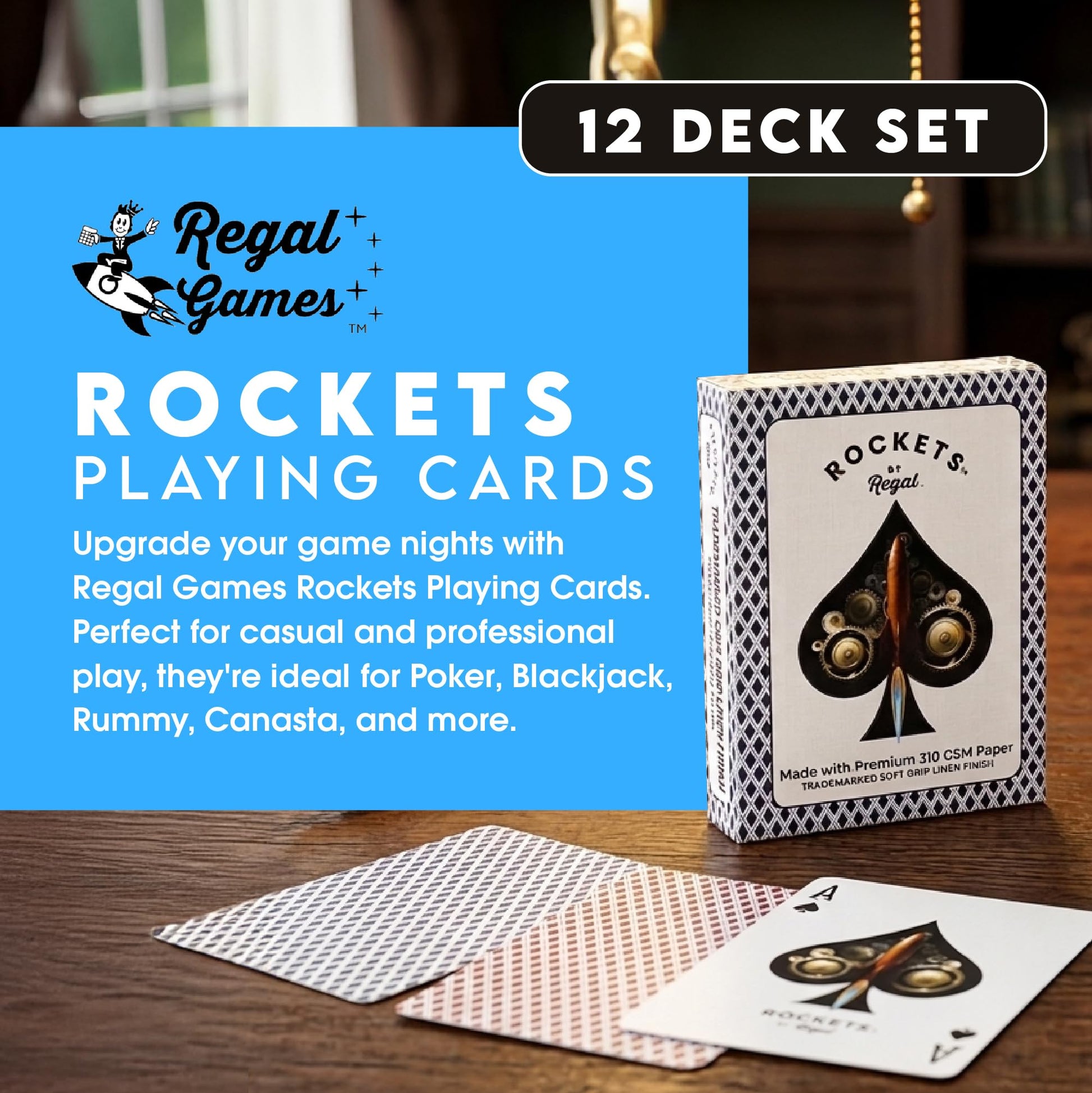 Regal Games [12 Decks] Rockets Bulk Playing Cards Set for Adults & Professionals - 310 GSM Linen Finish - Poker Cards for Blackjack, Euchre, Canasta