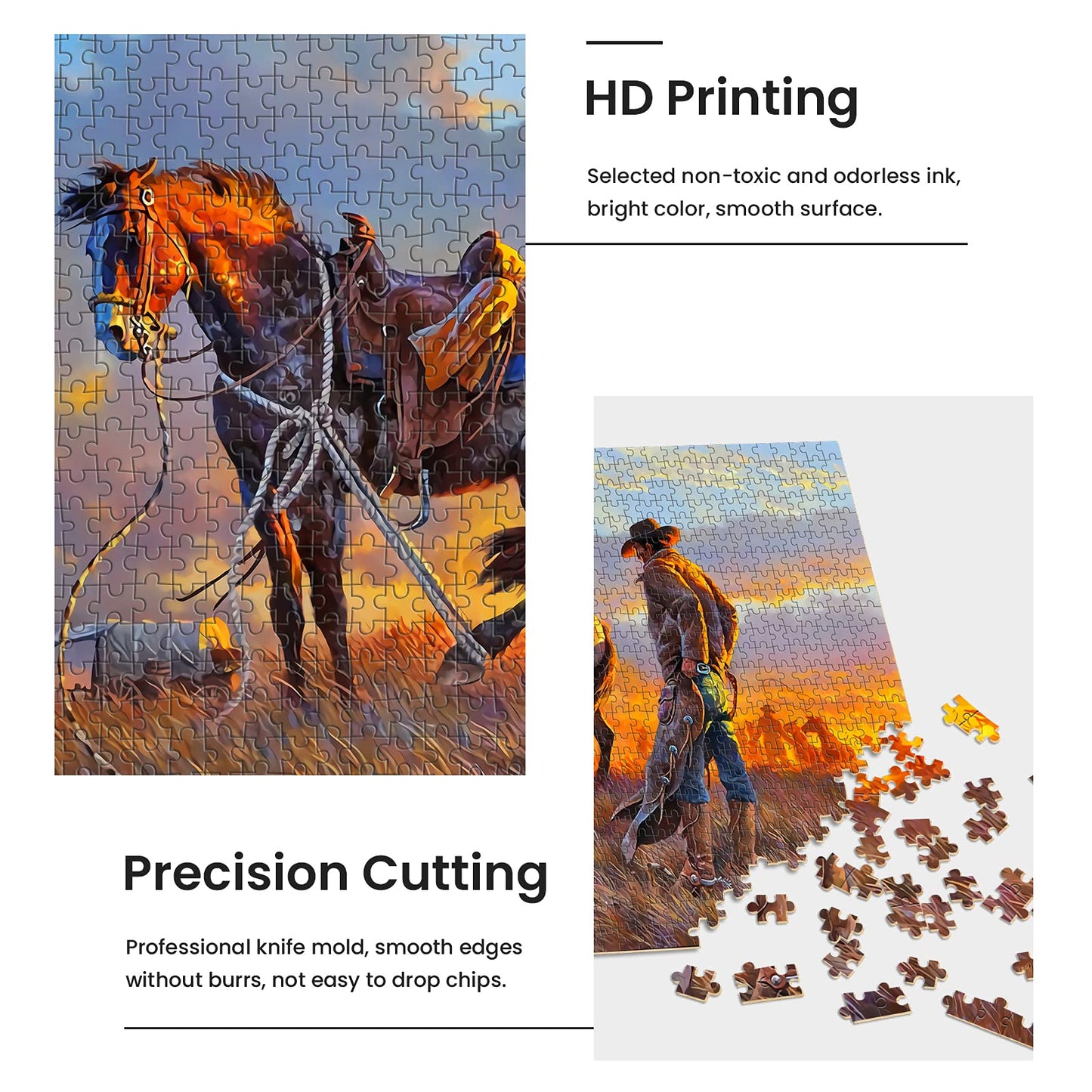 najiaxiaowu Wooden 1000 Pieces Jigsaw Puzzles for Adults, Elderly or Kids, Western Cowboy Rider Prairie Wind Flower Puzzle for Family Parent-Child