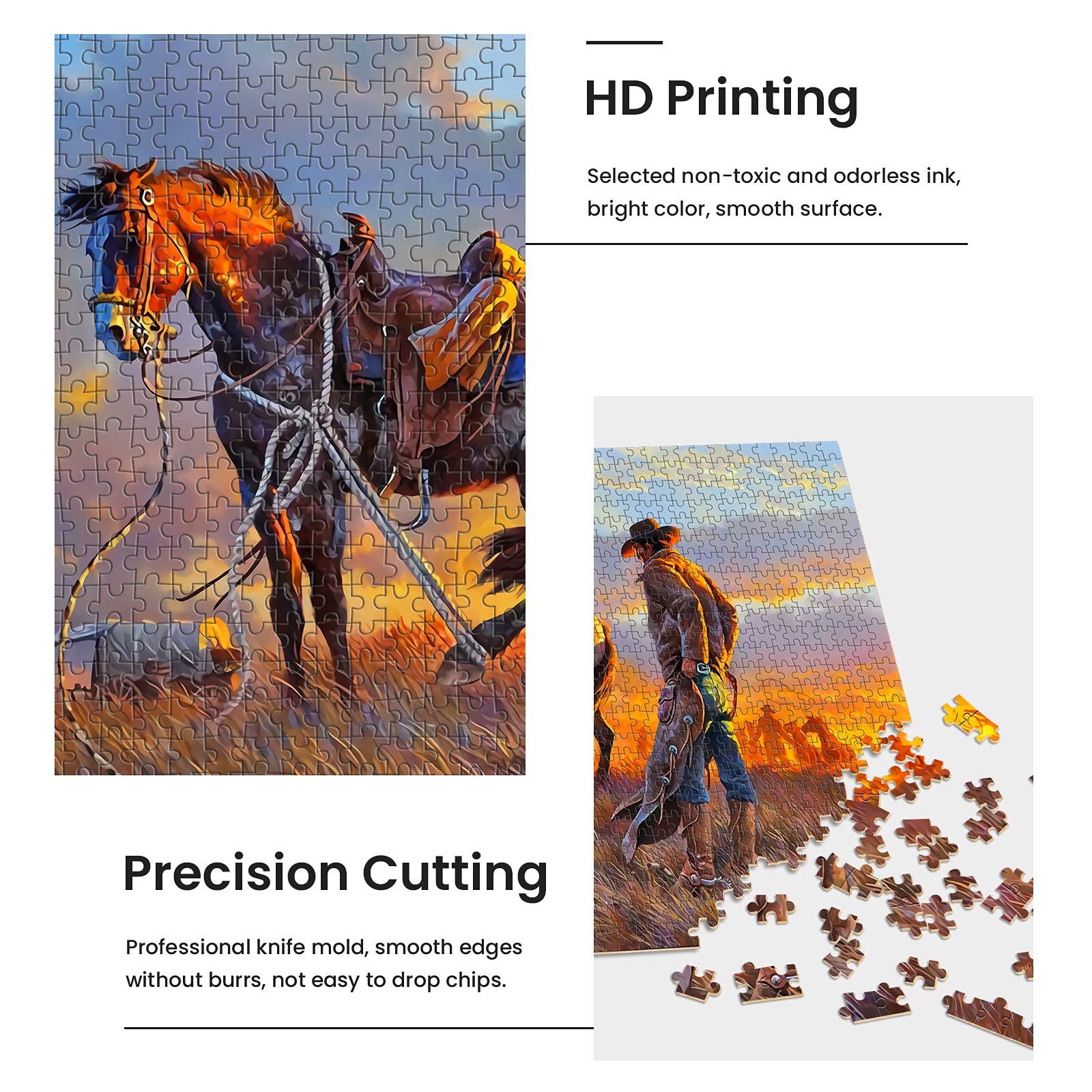 najiaxiaowu Wooden 1000 Pieces Jigsaw Puzzles for Adults, Elderly or Kids, Western Cowboy Rider Prairie Wind Flower Puzzle for Family Parent-Child