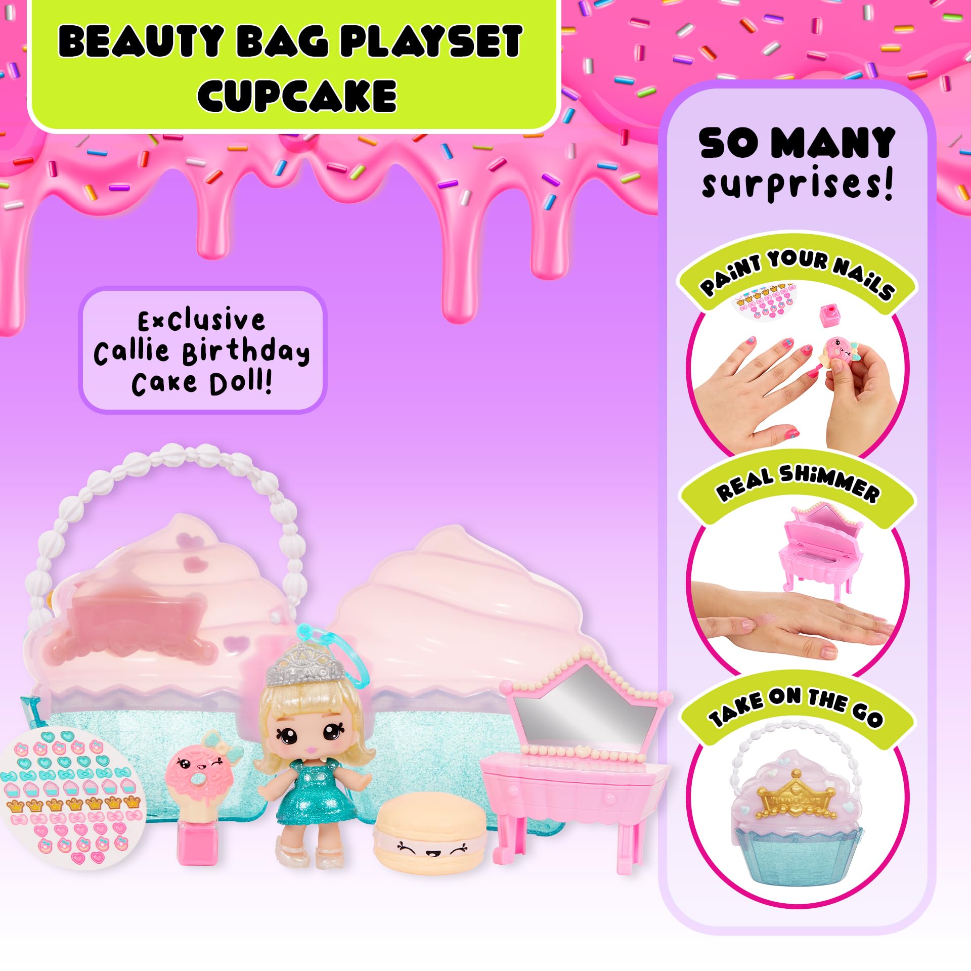 Yummiland Beauty Bag Playset + Lip Gloss Doll - Cupcake Bag Includes Exclusive Callie Birthday Cake, Nail Polish + Nail Stickers, Body Shimmer, Doll