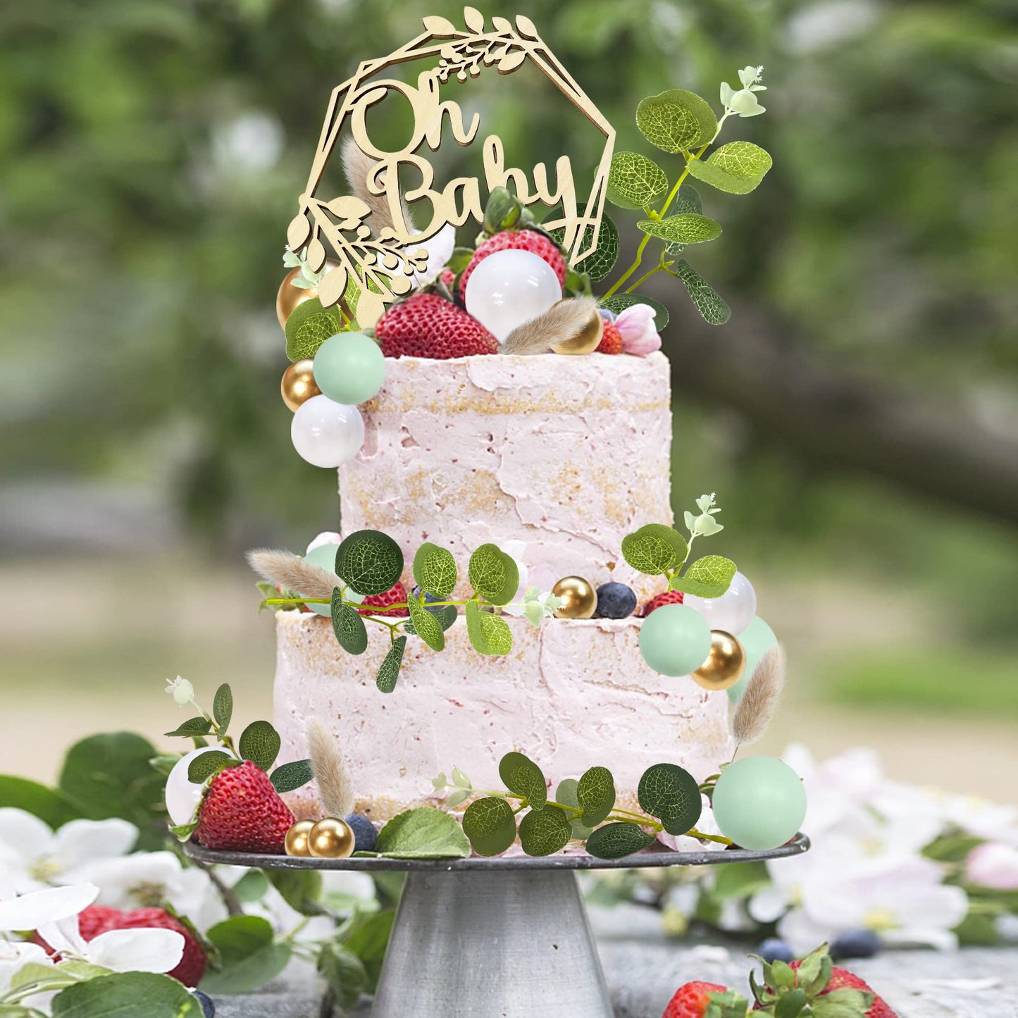 33 PCS Wood Cake Topper Balls Cake Topper Balls Cake Decorations with Artificial Leaves for Baby Shower Newborn Birthday Party Gender Reveal