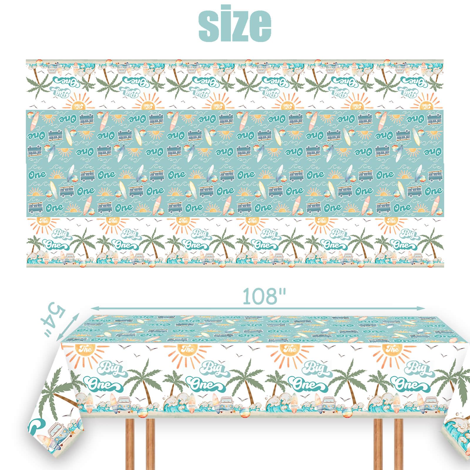 3 Pcs Surf 1st Birthday Party Supplies Boy Table Cloth 54in x 108in Surfing The Big One Tablecovers for Summer Beach Theme Boys Surfing First Birthday
