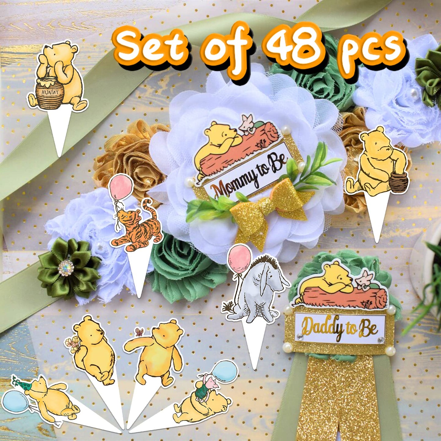 48 Pcs Winnie Baby Shower Cupcake Toppers for Classic Birthday Party Supplies Cute Winnie Cake Topper for Baby Shower Decorations