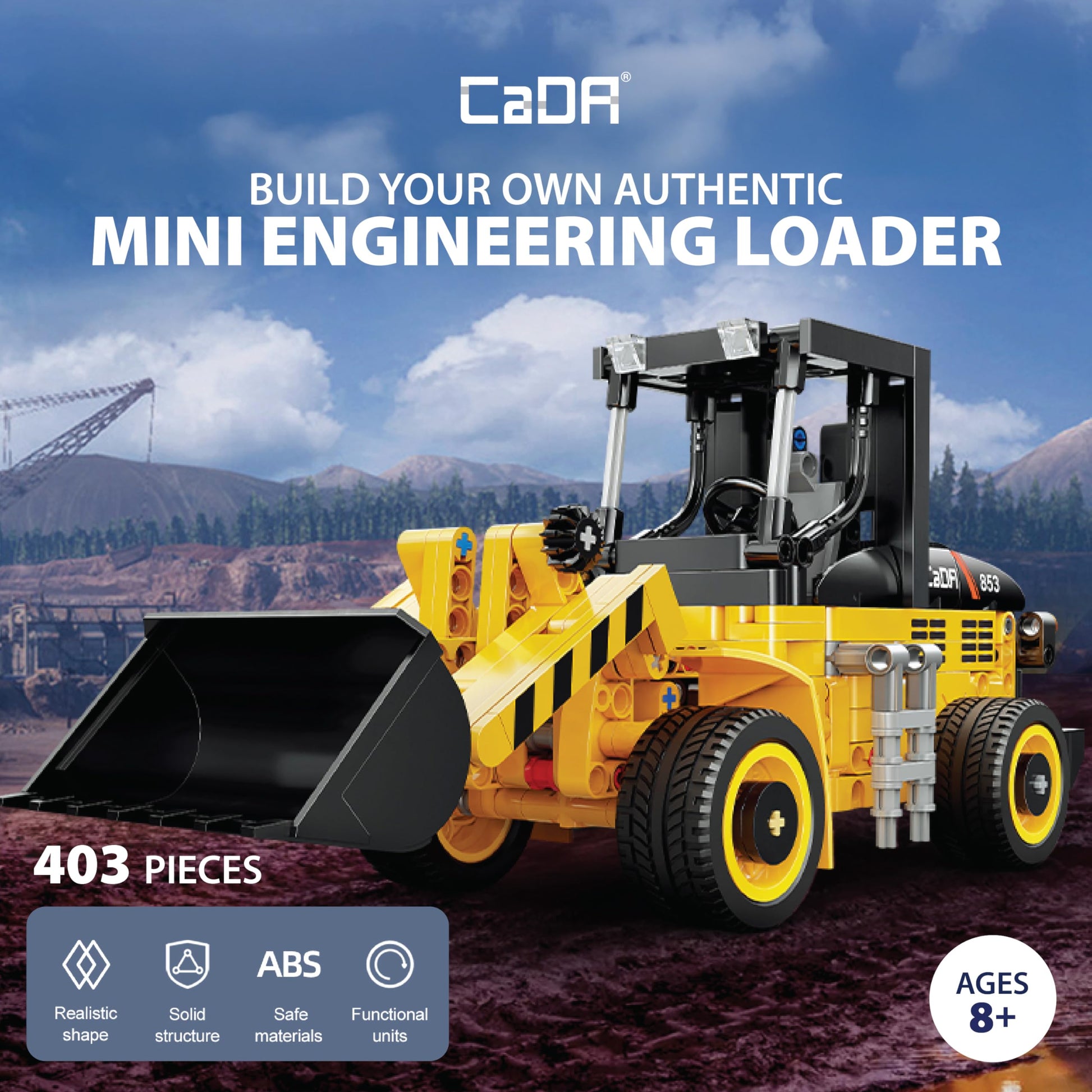 CADA Bricks Front Loader Tractor Building Kit - 403 Pieces Mini Engineering Loader Construction Set with Articulated Steering and Moving Bucket