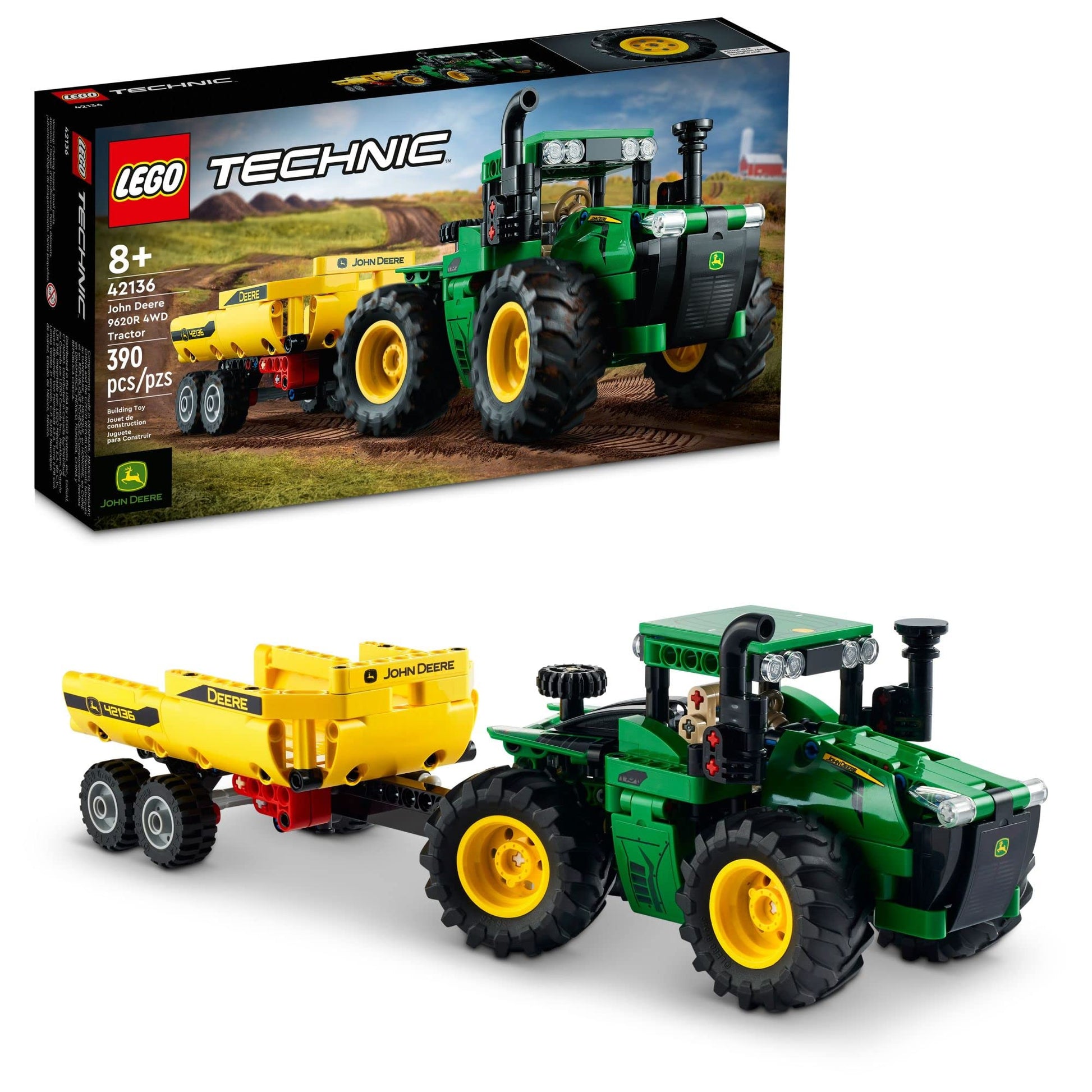 LEGO Technic John Deere 9620R 4WD Tractor Toy 42136 Building Toy - Collectible Model with Trailer, Featuring Realistic Details, Construction Farm Toy