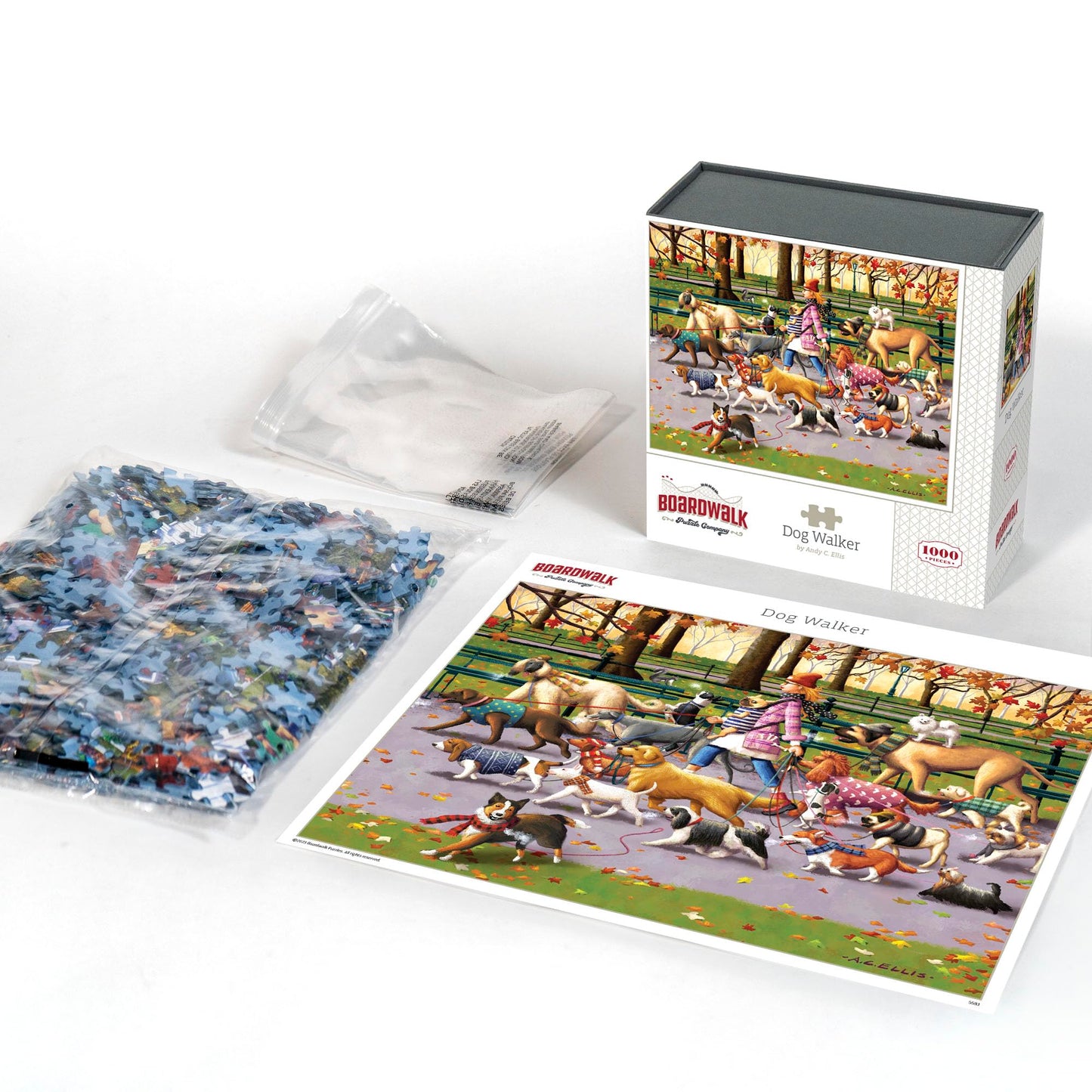 Boardwalk Dog Walker 1000 Piece Jigsaw Puzzle Funny Autumn Animal Puzzles with Premium Box, Gift for Adults and Family 19"x26"