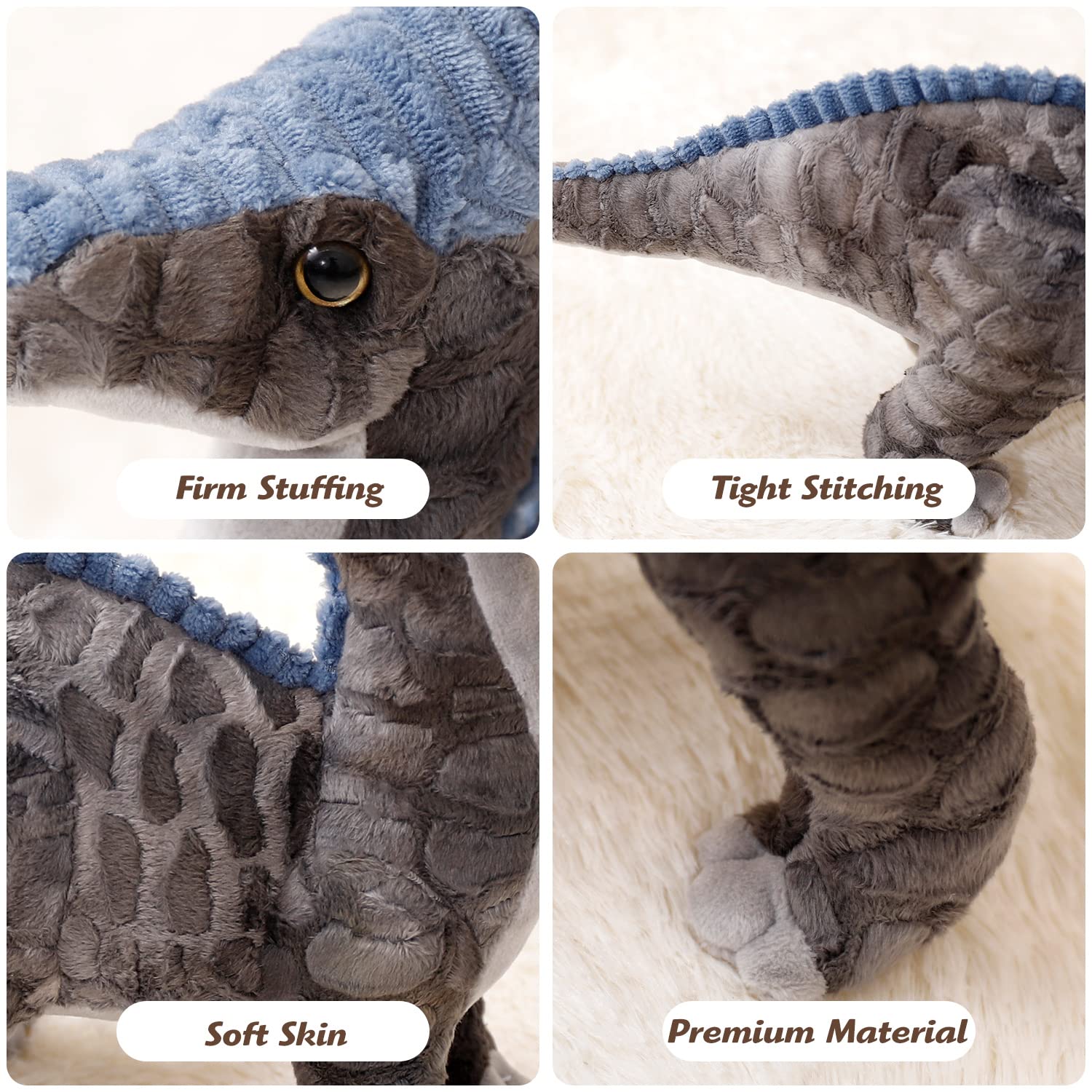 Dinosaur Plush Toy, 16" Parasaurolophus Stuffed Animal Throw Plushie Pillow Doll, Soft Grey Fluffy Friend Hugging Cushion - Present for Every Age
