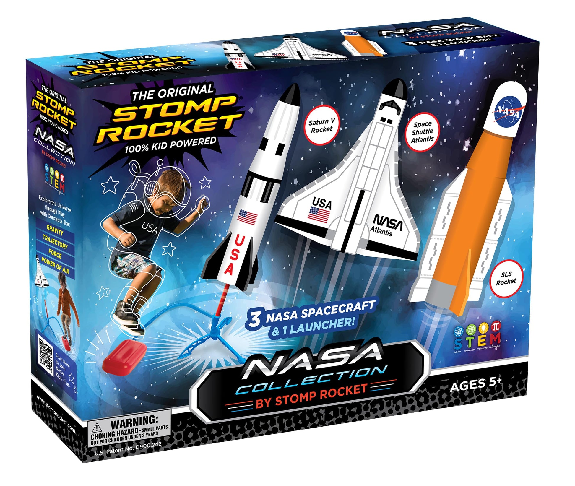 Stomp Rocket Space Collection Rocket Launcher for Kids, 3 NASA Rockets - Backyard & Outdoor Fun Toy Gift for Boys & Girls - STEM Soft Foam Blaster Set