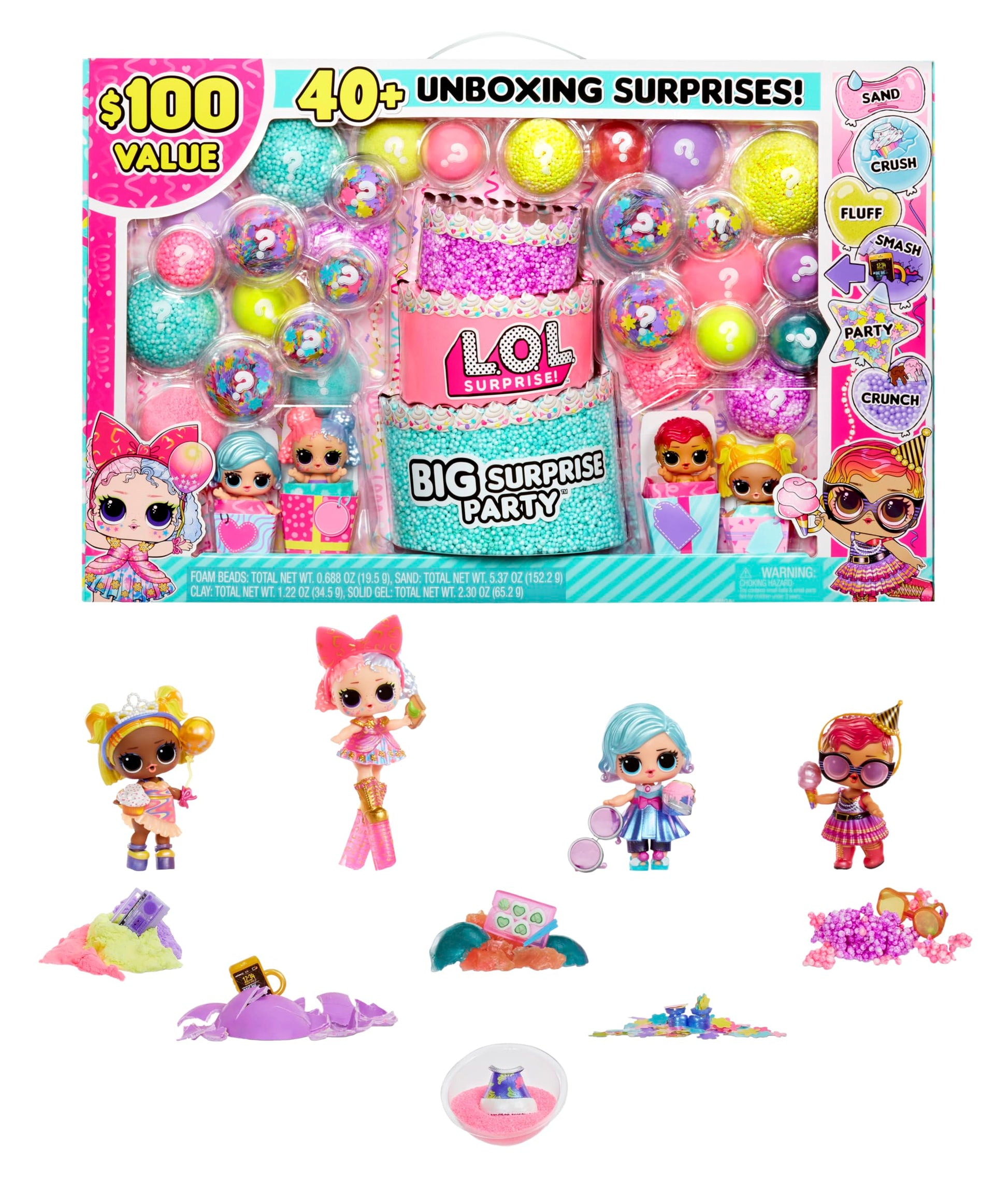 LOL Surprise Big Party With 4 Collectible Dolls, 40+ Surprises, 100 Value, 6 Unboxing Experiences, Fashions, Sand, Gel Crush, Shell Smash, Fluff