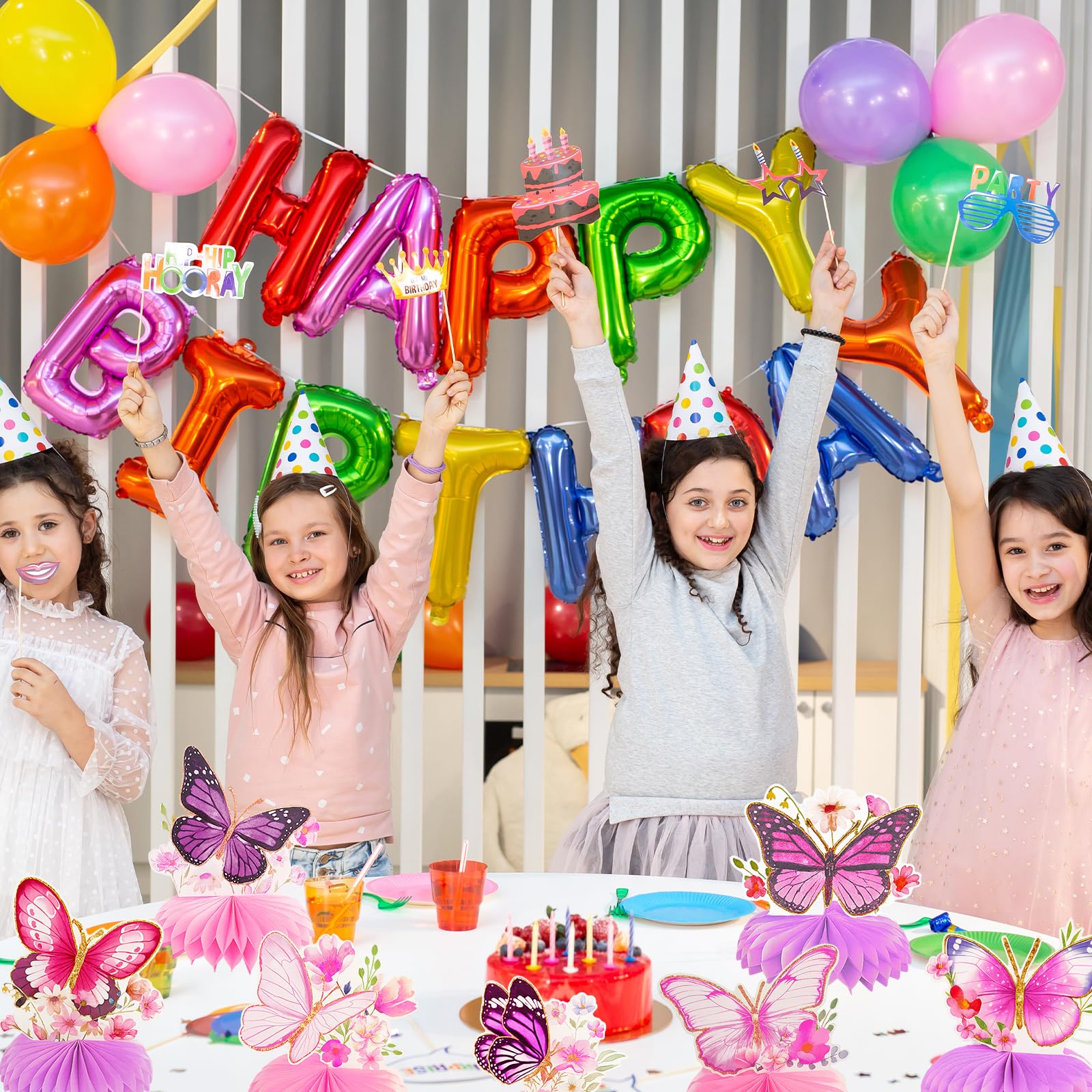 9 Pcs Butterfly Honeycomb Centerpieces, 3D Pink and Purple Butterfly Table Decorations with Floral Designs for Girls Birthday Parties, Baby Showers