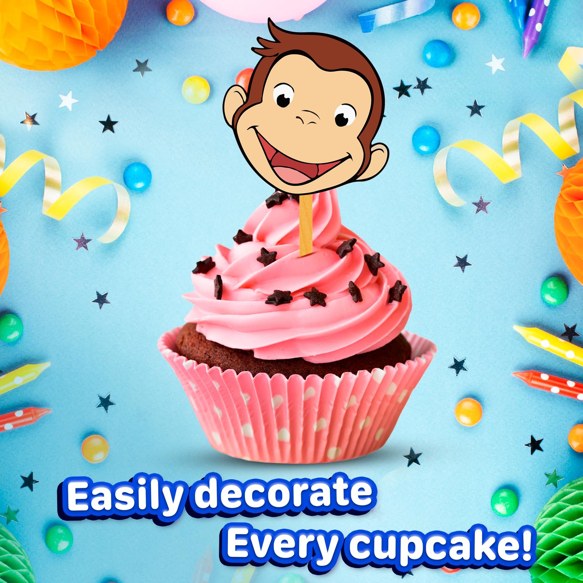 24x Curious Monkey Cupcake Toppers - Strong Picks Happy Birthday Décor, Cupcake Decorations for Kids Birthdays