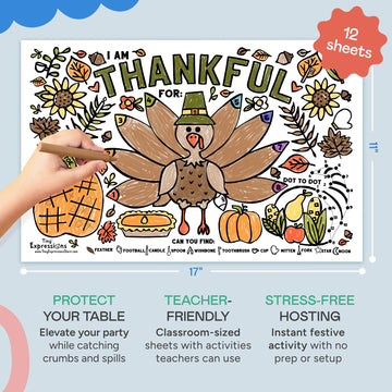 Tiny Expressions - Thanksgiving Coloring Placemats - Set of 12 Paper Placemats to Color, Turkey 'I Am Thankful for' Theme - Fall Thanksgiving Activity