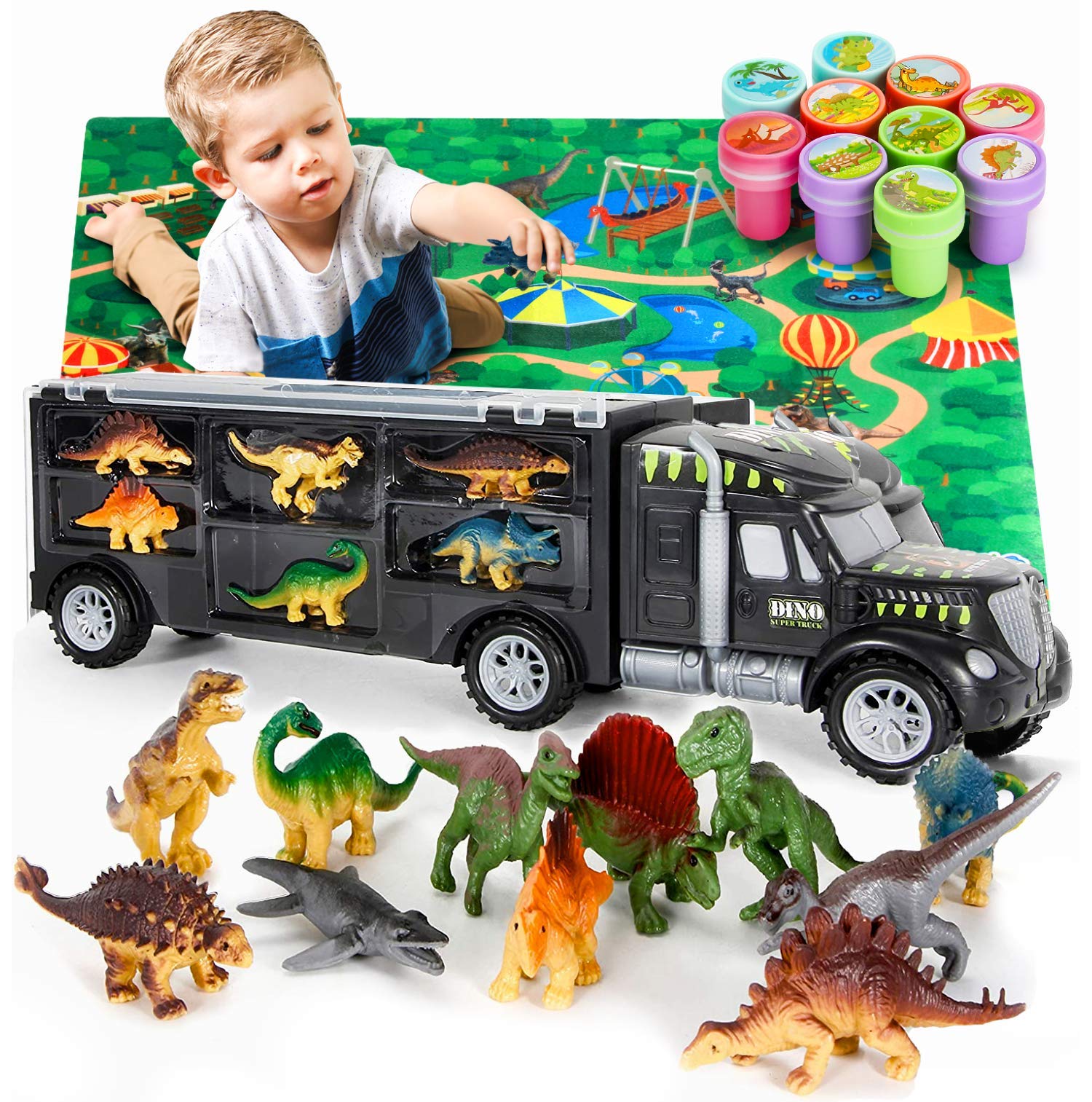 MOBIUS Toys Dinosaur Truck Carrier - Large Transport Truck with 12 Realistic Dino Figures for Kids Ages 3-7 - Durable BPA-Free Dinosaur Storage Toy
