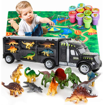 MOBIUS Toys Dinosaur Truck Carrier - Large Transport Truck with 12 Realistic Dino Figures for Kids Ages 3-7 - Durable BPA-Free Dinosaur Storage Toy