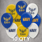 U.S. Navy Party Balloons (10 pcs)! 12” Latex balloons in Blue, White & Yellow with Striking Print on 2 sides. Officially Licensed U.S. Navy