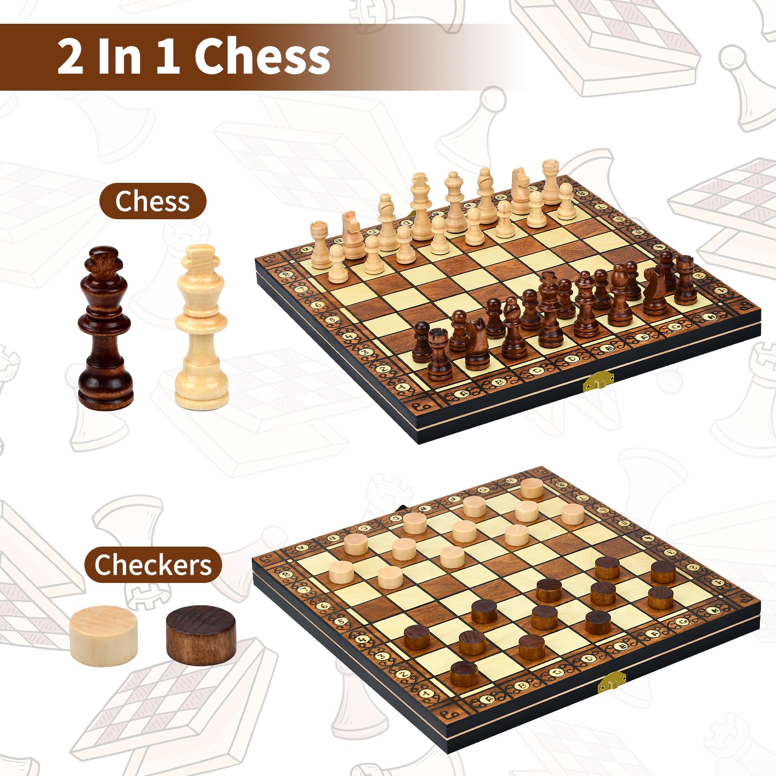 Aissom Magnetic Wooden Chess Set, 2 in 1 Chess Set, 15" Chess Set with Storage and 2 Extra Queens, Foldable for Parties and Family Activities, Travel