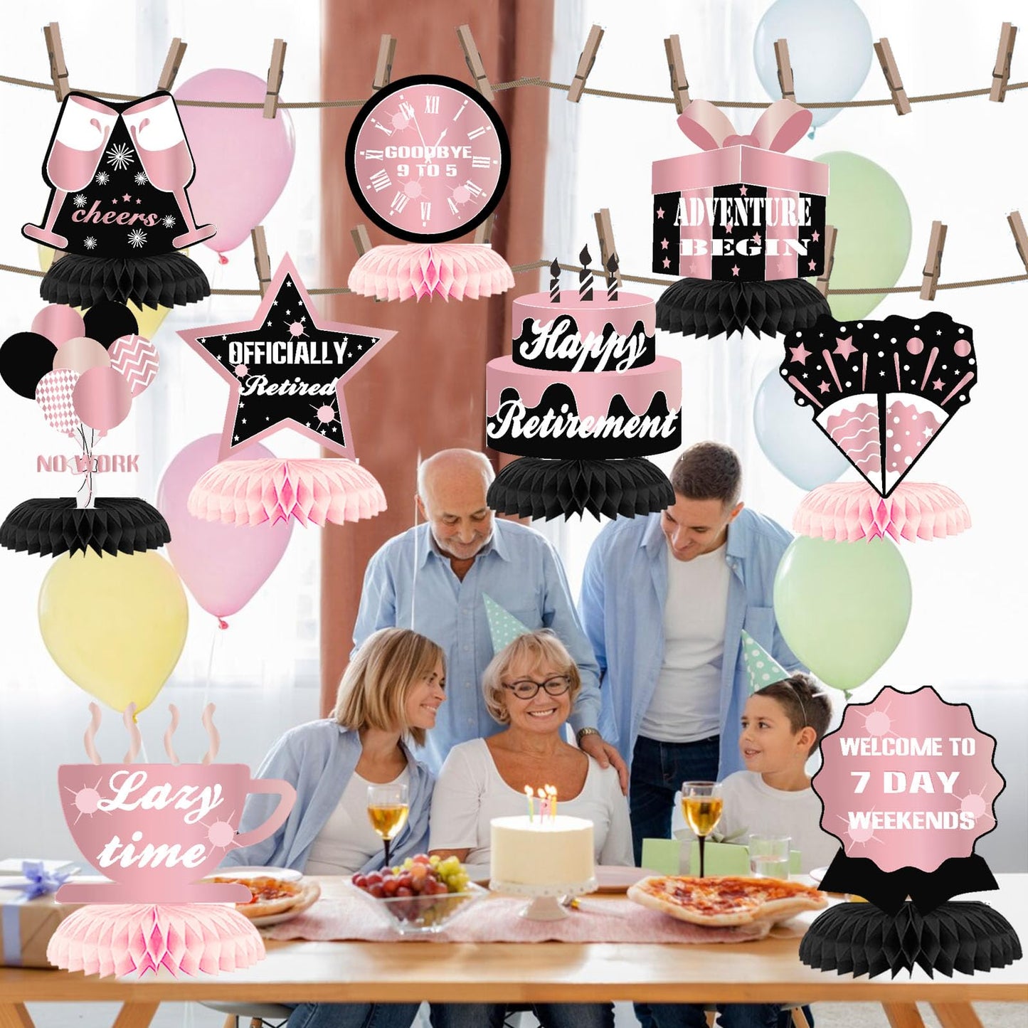 9Pcs Pink Black Happy Retirement Decorations Table Honeycomb Centerpieces Party Supplies Rose Gold Black Retirement Adventure Awaits Sign for Women