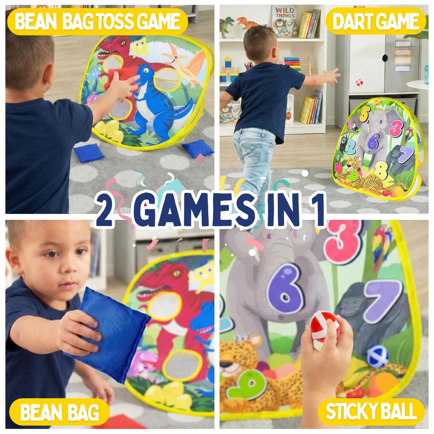 Grip Kids 2-in-1 Dinosaur & Animal Bean Bag Toss Game - Double-Sided 27" Target Board with 6 Bean Bags - Outdoor & Indoor Toy for Toddlers & Kids Ages
