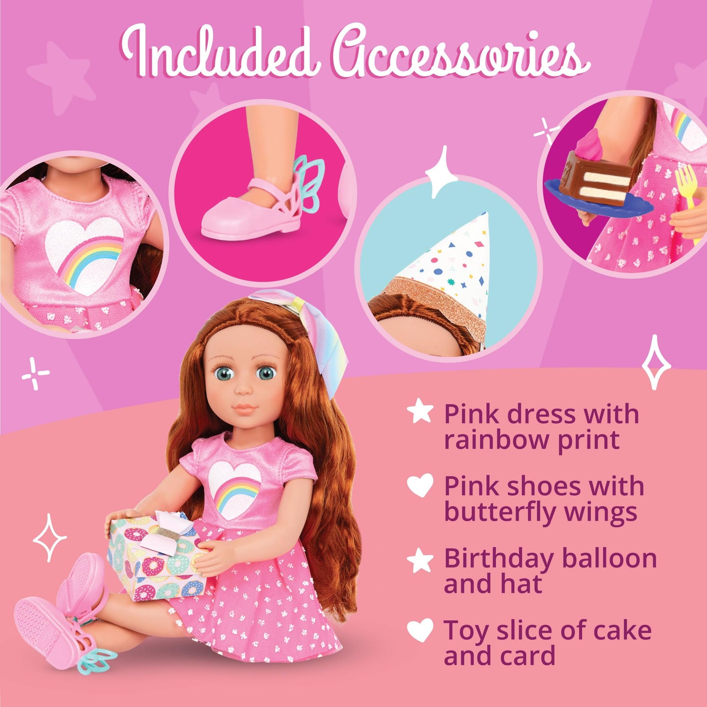 Glitter Girls - 14-Inch Birthday Doll - Red Hair & Green Eyes - Rainbow Heart Dress, Birthday Hat, Cake, Balloon, Gift - Toys, Clothes, and