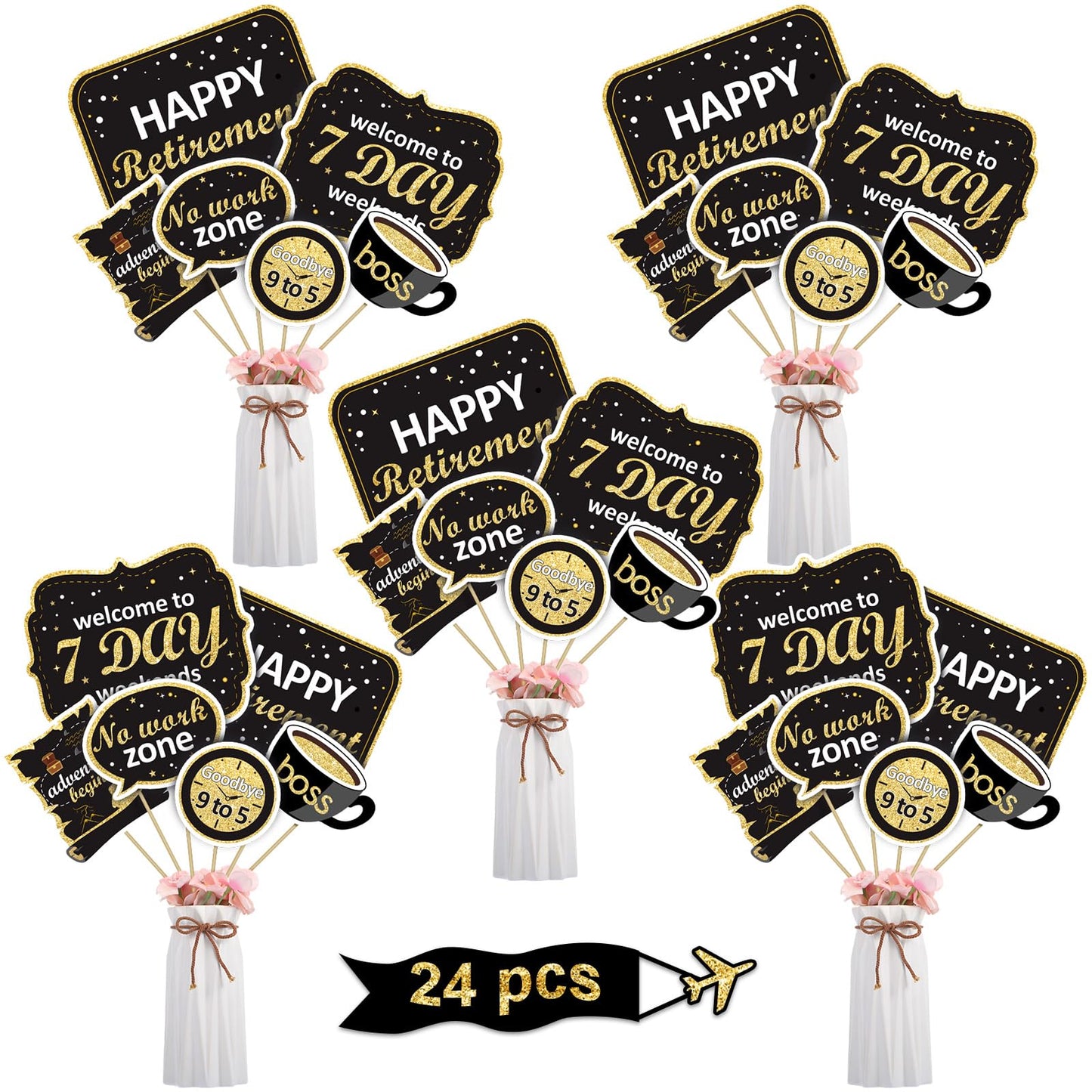 Boao 24 Pcs Retirement Party Decoration Set Retirement Table Decorations Golden Centerpiece Sticks Glitter Centerpieces for Tables Superannuation