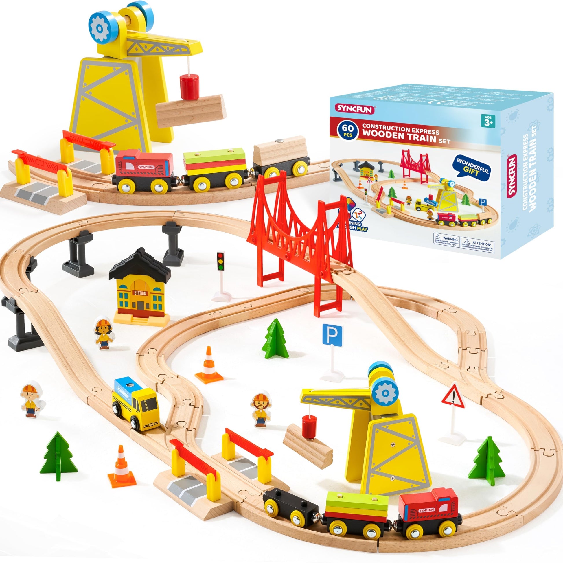 60PCS Wooden Train Set - Toy Magnetic Trains with Wooden Track Set for Kids Ages 3-8, Construction Crane Railway Set, Perfect Easter Birthday Gift