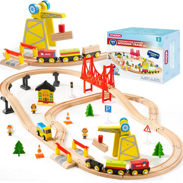 60PCS Wooden Train Set - Toy Magnetic Trains with Wooden Track Set for Kids Ages 3-8, Construction Crane Railway Set, Perfect Easter Birthday Gift