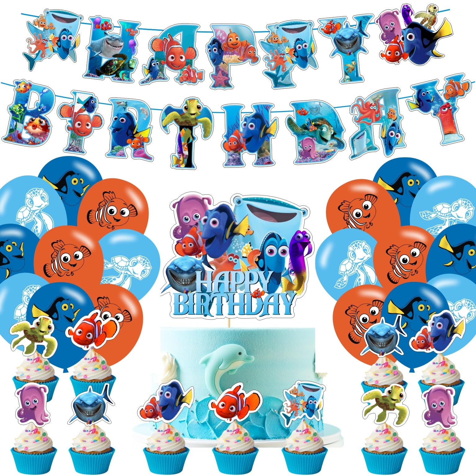 Finding Nemo Birthday Decorations Include Happy Birthday Banner, Cake Topper and Cupcake Toppers, Balloons for Kids Party Supplies